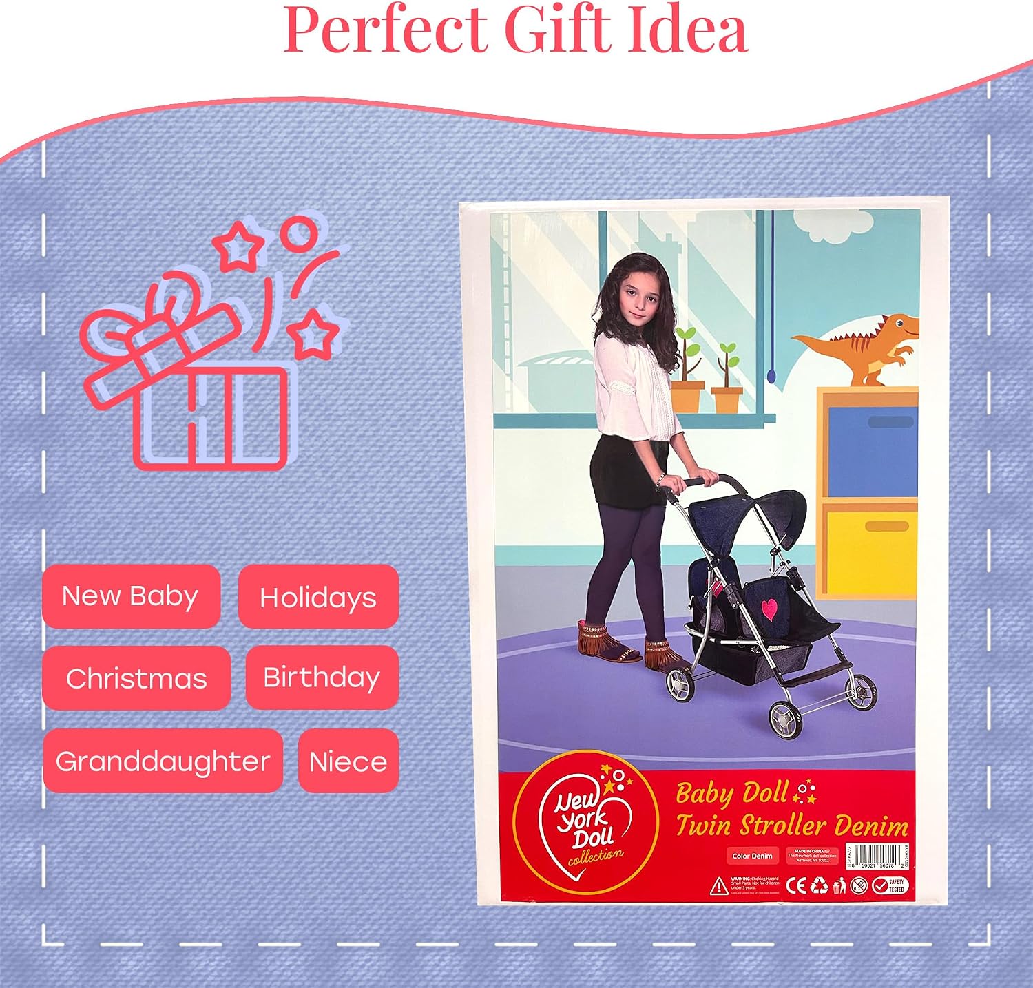 My First Doll Twin Stroller - Cutest Heart Design Doll Twins Stroller - Great Toy Gift for Girls