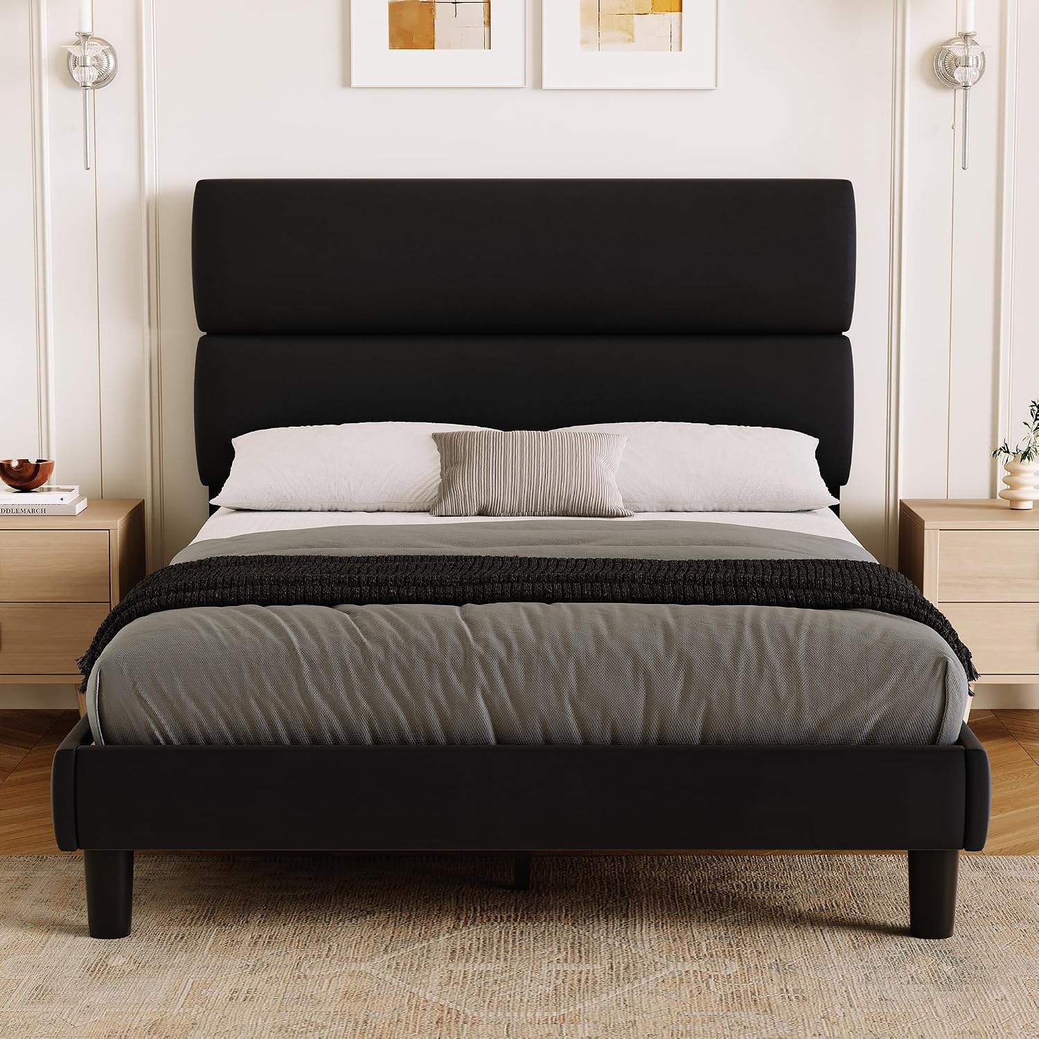 GRUSIGN Queen Size Platform Bed Frame with Velvet Headboard, Adjustable Height Wooden Slats Support, Upholstered Mattress Foundation, Fits Mattress or Mattress with Box Spring, Easy Assembly, Beige