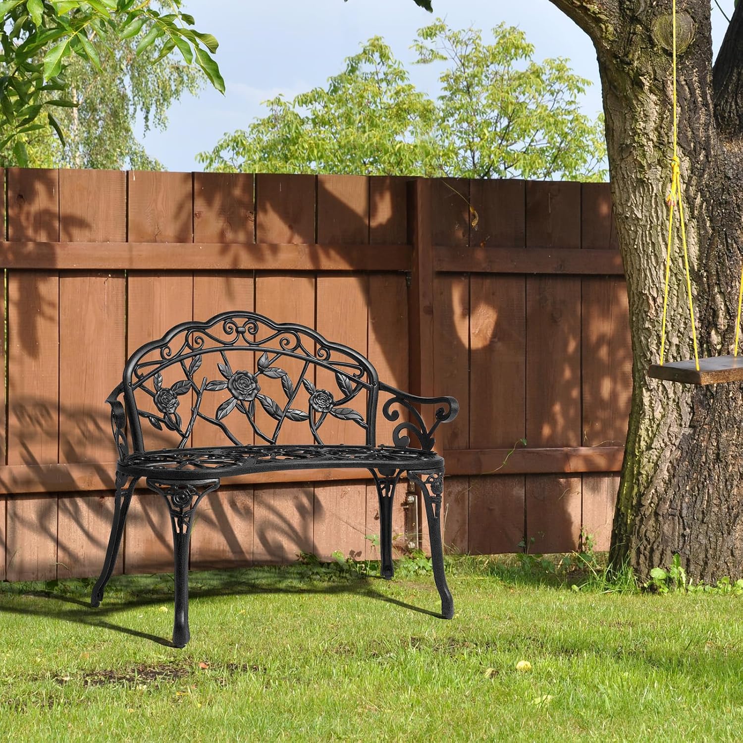 VINGLI 38.5" Patio Park Garden Outdoor Metal Rose Bench, 2-Person Cast Iron Cast Aluminium Frame Antique Finish Chair,Accented Lawn Front Porch Path Yard Decor Deck Furniture (Bronze, Rose)