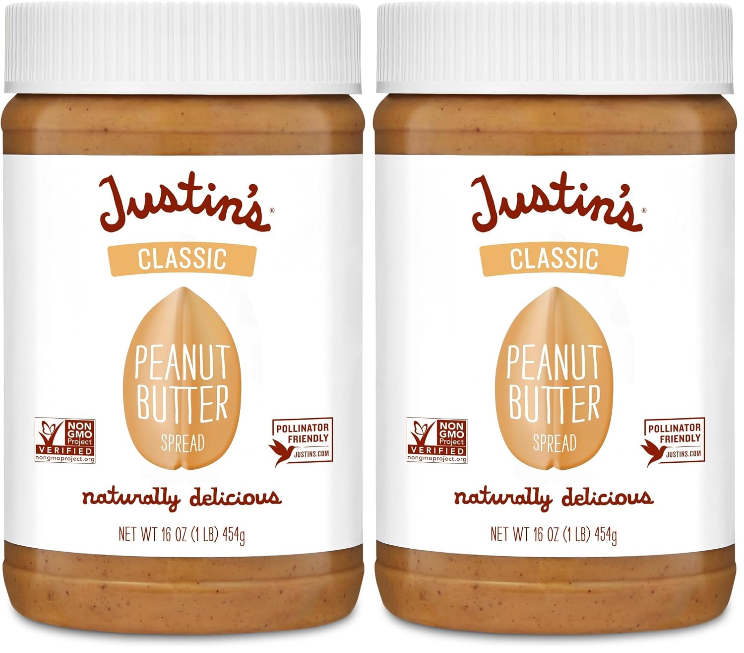 Justin's Classic Peanut Butter, Only Two Ingredients, No Stir, Gluten-free, Non-GMO, Keto-Friendly, Responsibly Sourced, 16oz Jar