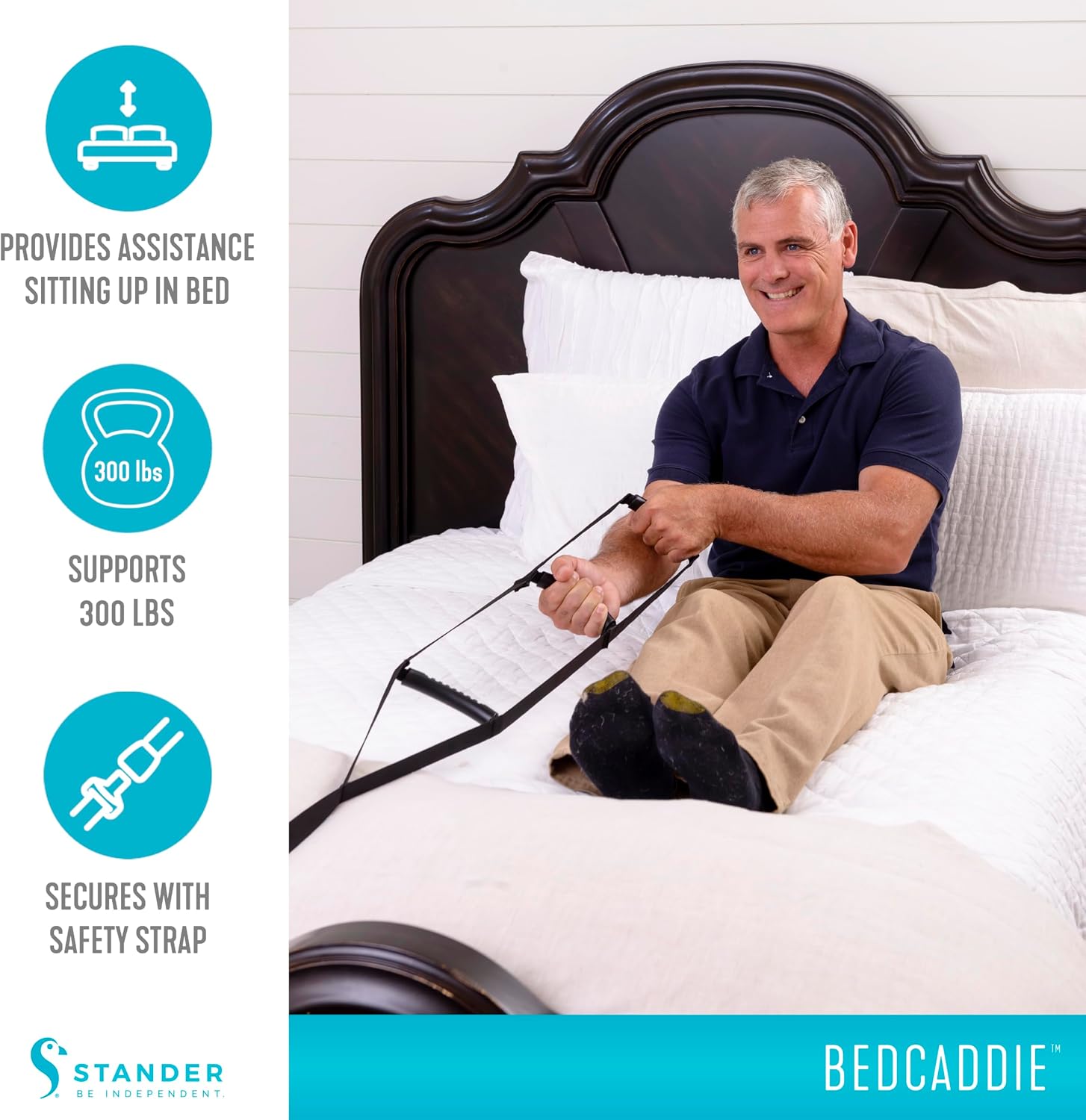 Stander BedCaddie, Pull-Up Assist Bed-Ladder with Non-Slip Handles for Adults, Seniors, and Elderly, Adjustable Length Bed-Lift