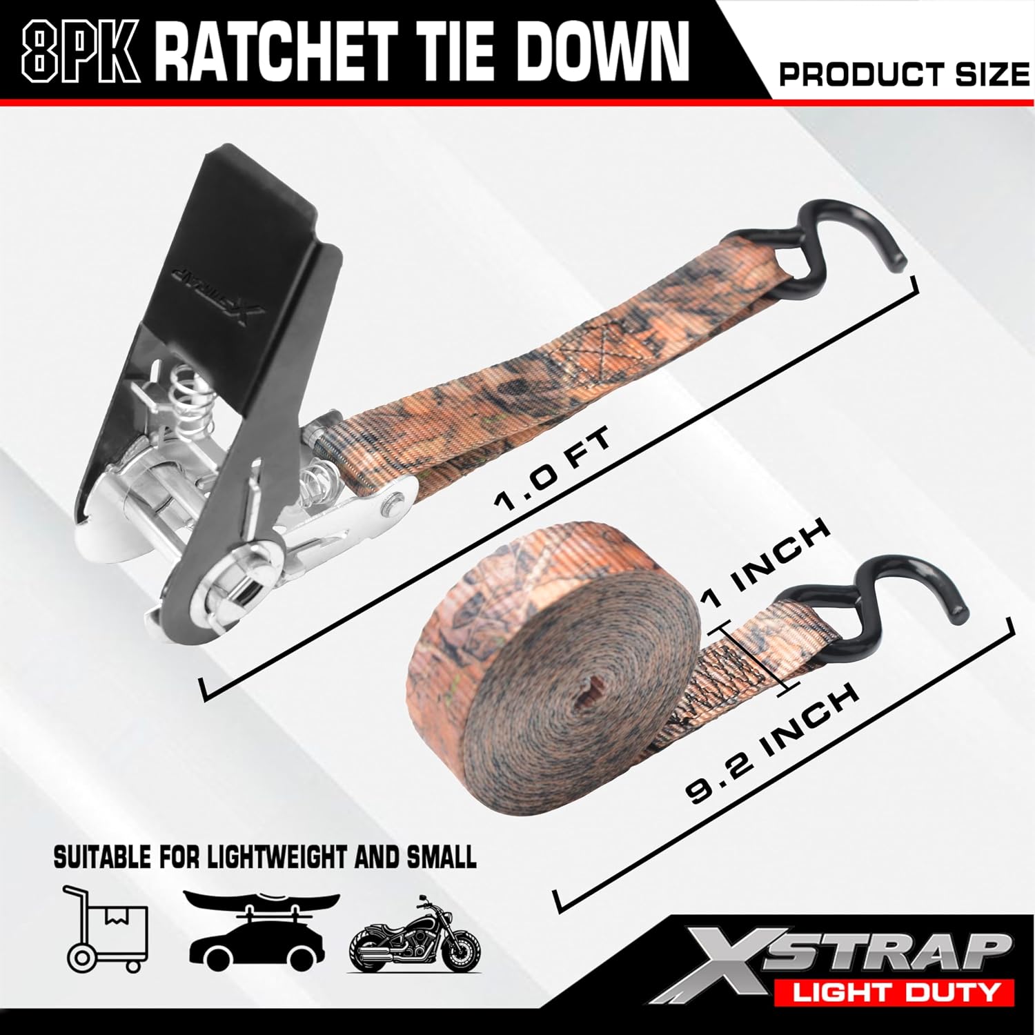 XSTRAP STANDARD 8-PK Ratchet Tie Down Straps, 1" x 10ft Cargo Strap, Yellow