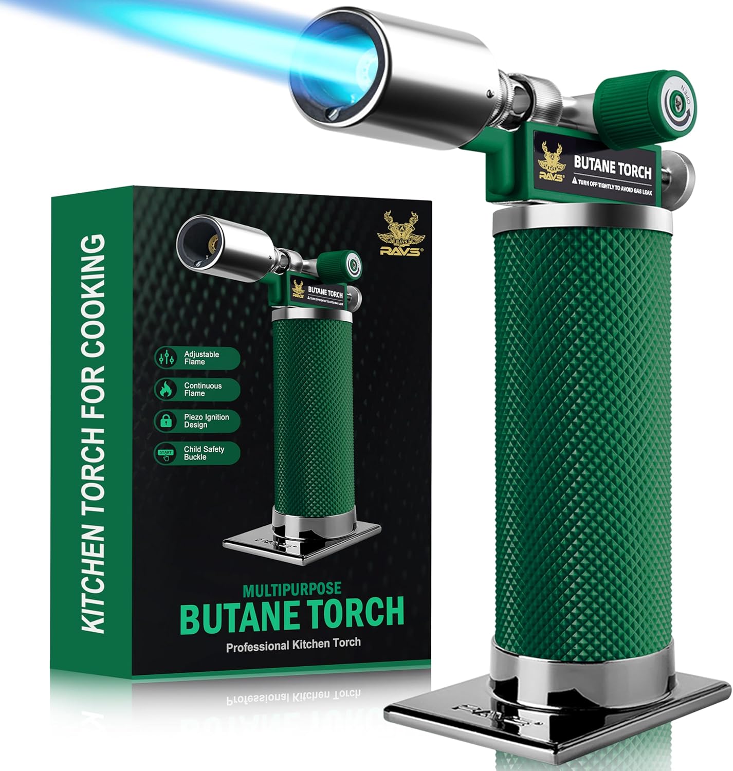 RAVS Butane Torch Lighter, Premium Metal Kitchen Torch with Adjustable Flame & Safety Buckle, Refillable Creme Brulee Torch for Baking, BBQ, DIY