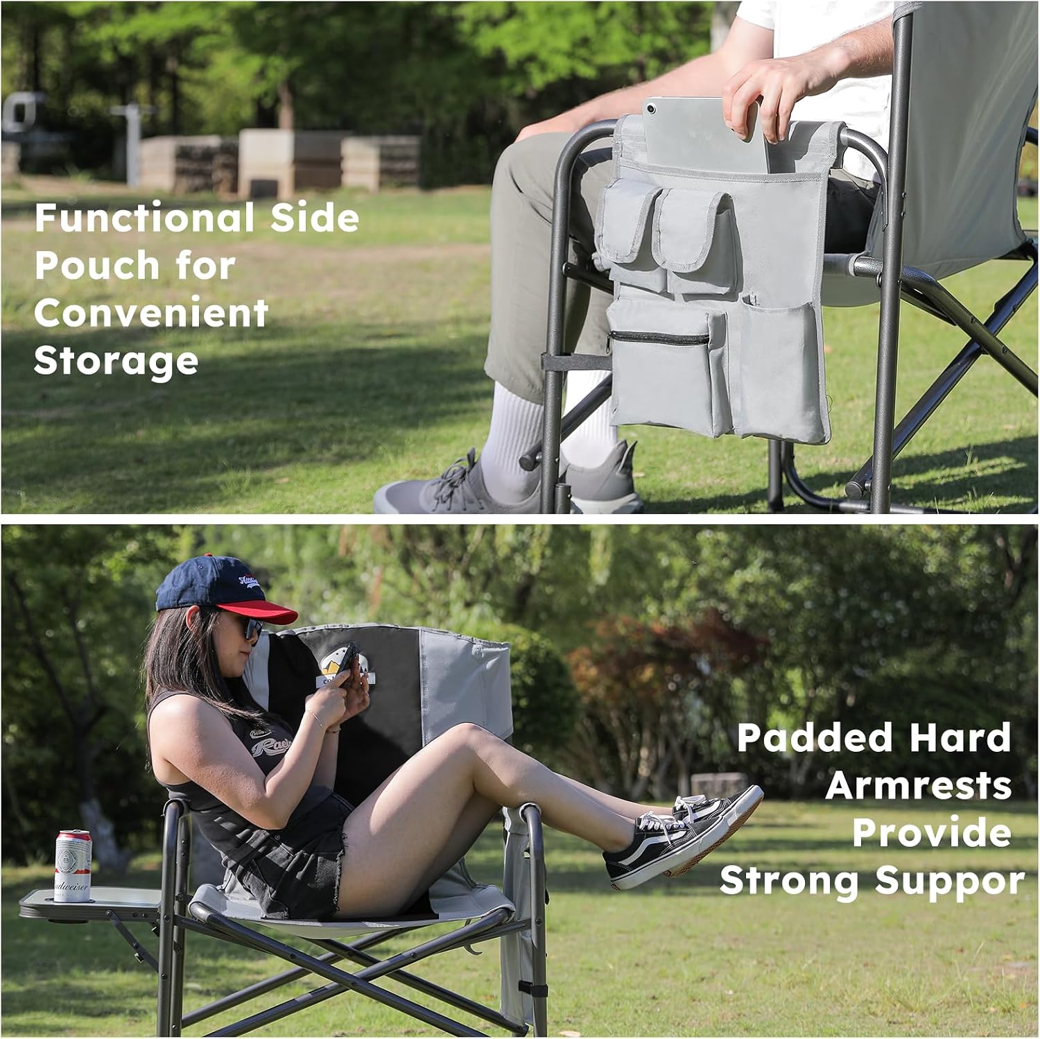 Colegence Oversized Directors Camping Chair for Adults, 600 lb, Black | Heavy duty folding outdoor chair with 28" wide seat, supportive back, side table, cup holder and detachable storage pocket