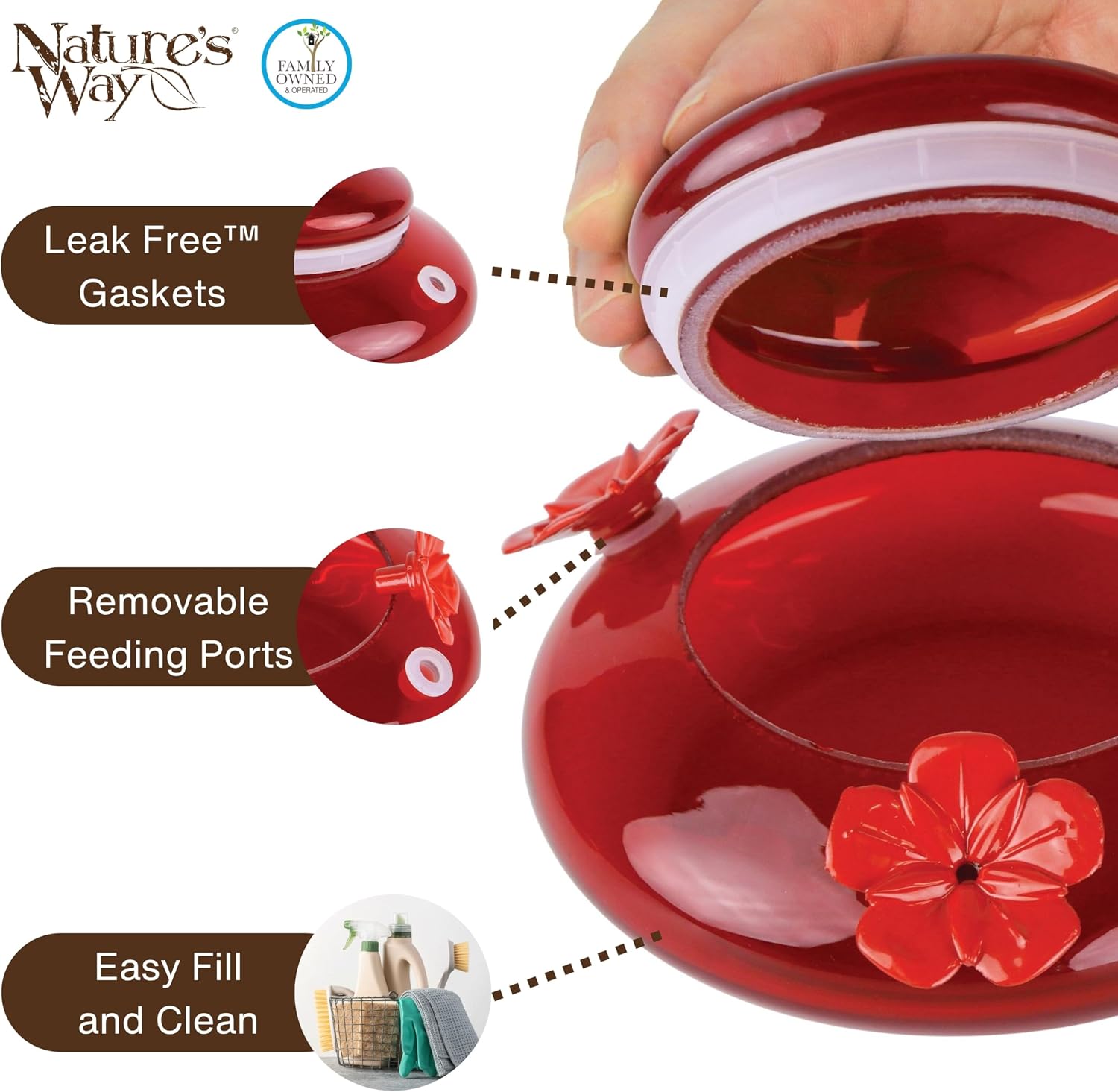 Nature's Way Bird Products MHF4 Hand Blown Garden Top Fill Hummingbird Feeder, 16 oz Capacity, Red