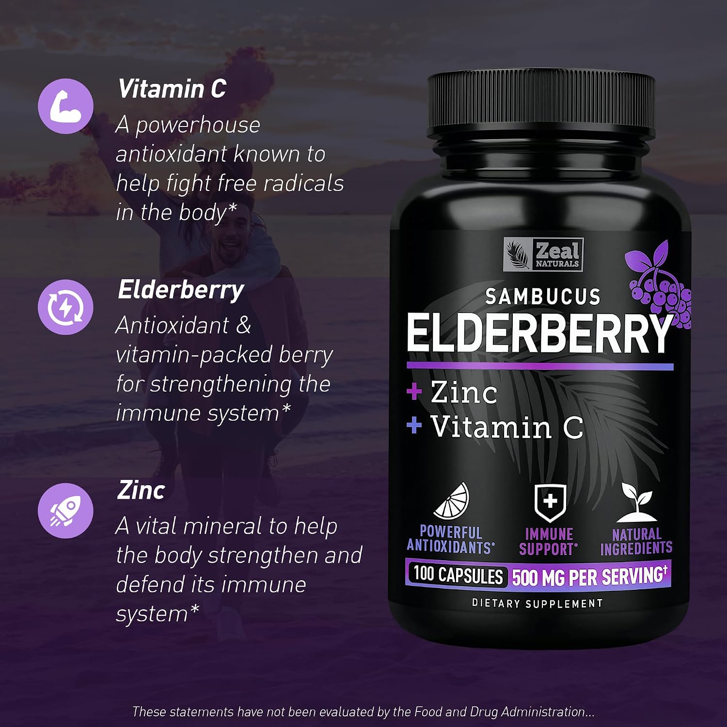 Zeal Naturals Max Strength Elderberry Capsules - 2000mg, 100 Capsules | Sambucus Black Elderberry, Vitamin C