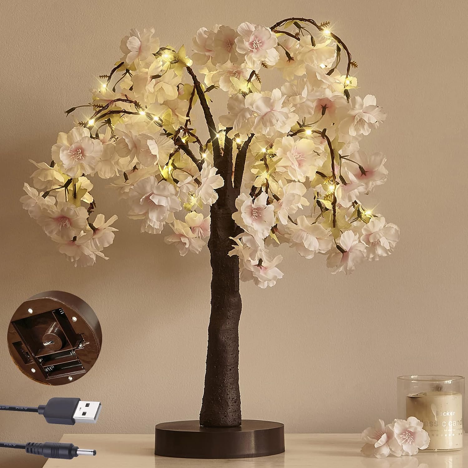 LITBLOOM Lighted Tabletop Olive Tree 18IN 50 LED Fairy Lights with Timer Battery Operated or USB Plug in Bonsai Tree for Wedding Christmas Spring