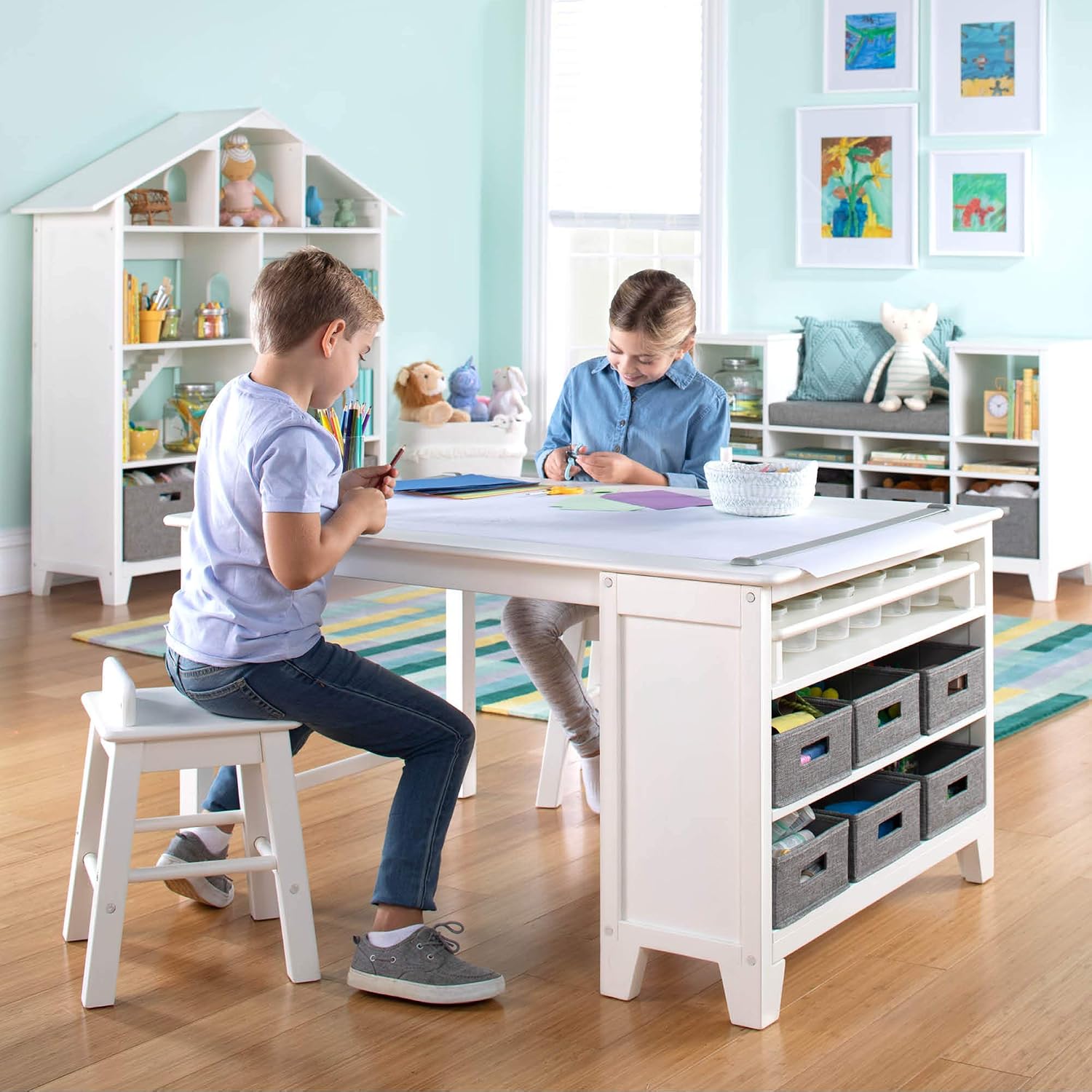 Martha Stewart Kids' Art Table and Chair Set - Linen White: Wooden Kids Play Table for Arts and Crafts | Coloring Desk with Paint Cups