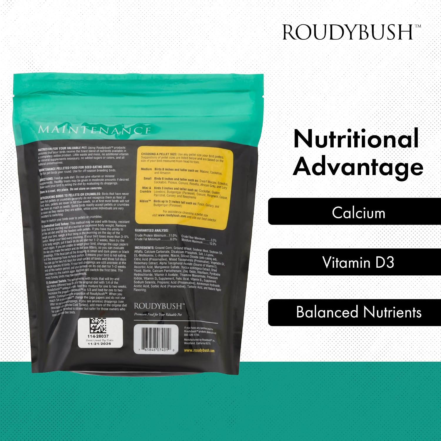 RoudyBush Daily Maintenance Food for Birds - Scientifically Formulated Bird Feed - Bird Food Pellets w/Corn, Wheat, Soy & More - Nutritious & Healthy Feed for Birds (Mini, 44oz)