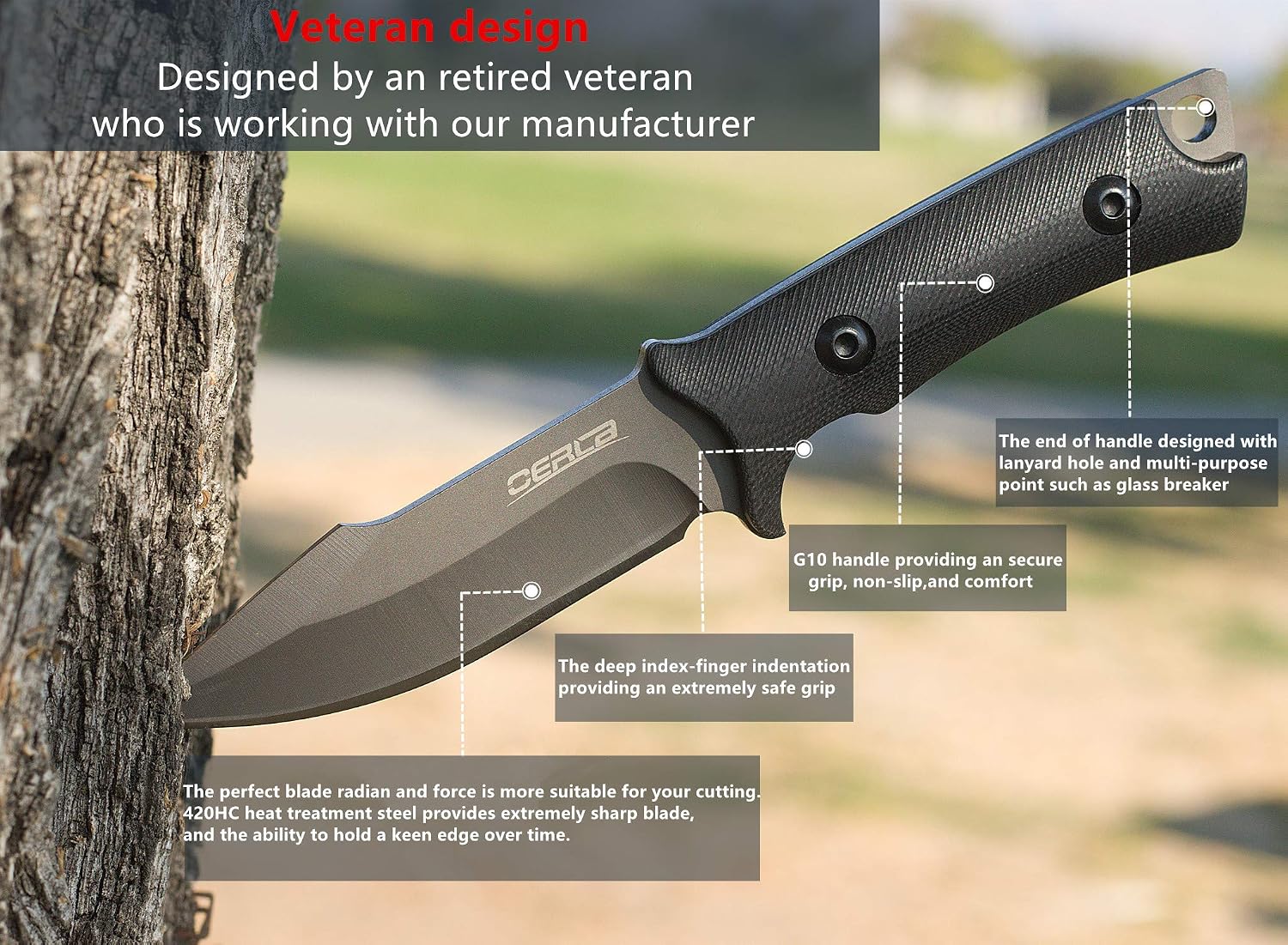 OERLA Fixed Blade Knife, Full Tang 420HC Stainless Steel Camping Knife, Outdoor EDC Hunting Survival Utility Knife with G10 Handle and Kydex Sheath