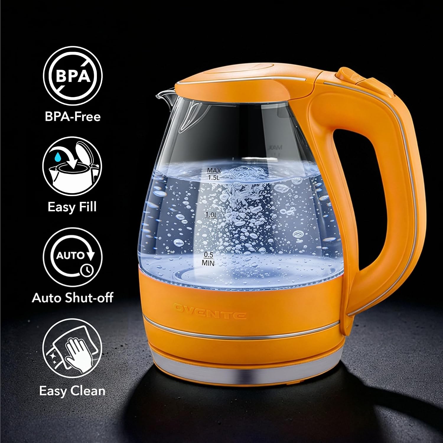OVENTE 1.5L Glass Electric Kettle Water Boiler, Black KG83B | 1100W Fast Boiling, Borosilicate Glass, BPA-Free, Blue LED, Auto Shut-Off, Boil-Dry Protection, Removable Filter, 360° Base