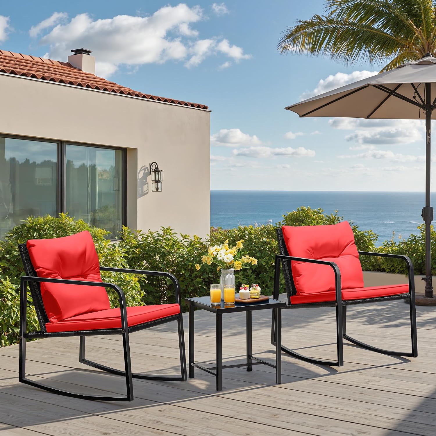 Greesum 3 Pieces Rocking Wicker Bistro Set,Patio Conversation Sets,Beige