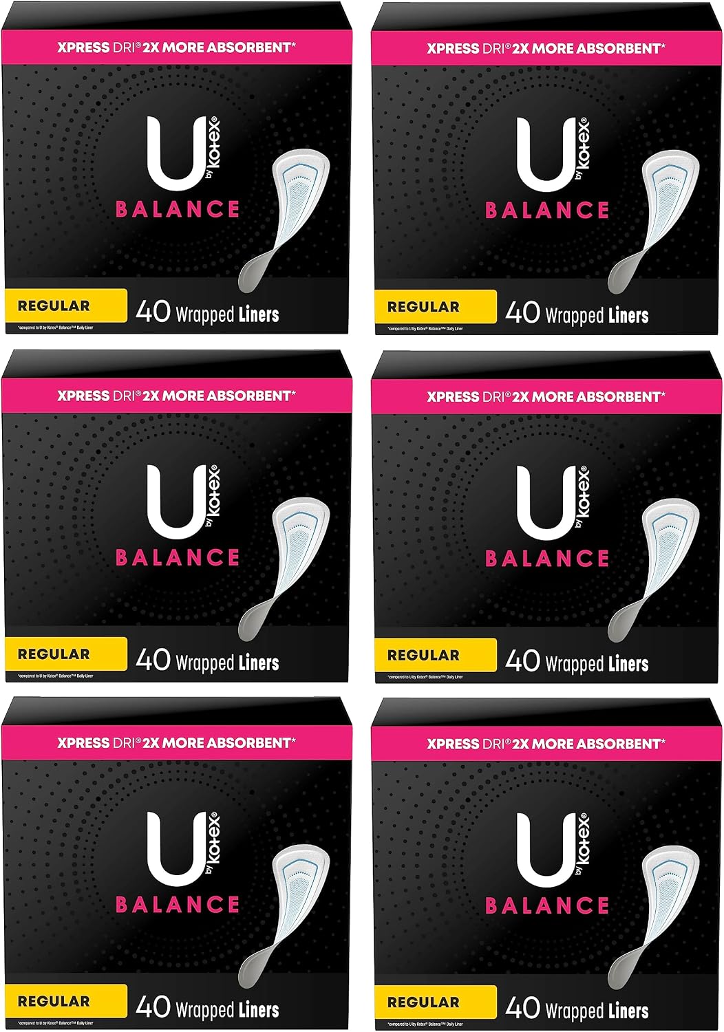 U by Kotex Balance (Previously Lightdays Plus) Wrapped Panty Liners, Regular Length, Unscented, 40 Count - 6 Pack (Includes 240 Liners Total)