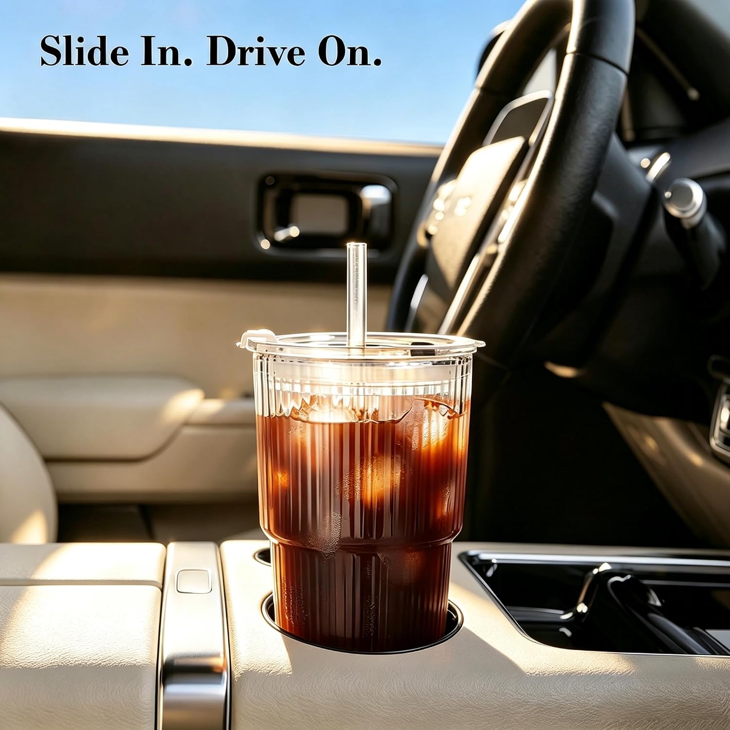 Glass Cups with Lids and Straws, 2Pcs 20oz Glass Coffee Cups Leak Proof | Ribbed Thick Reusable Glass Tumbler with Straw and Lid, Fits Car Cup Holder
