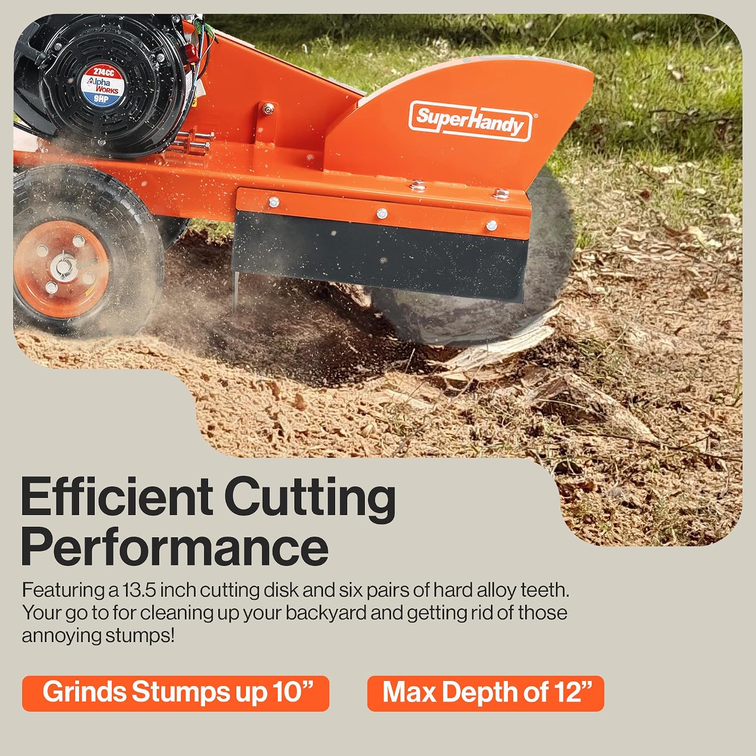 SuperHandy 9HP Gas Stump Grinder, 12-Inch Cut, 6 Carbide Teeth | Gas stump grinder for removing stumps in yards and landscaping