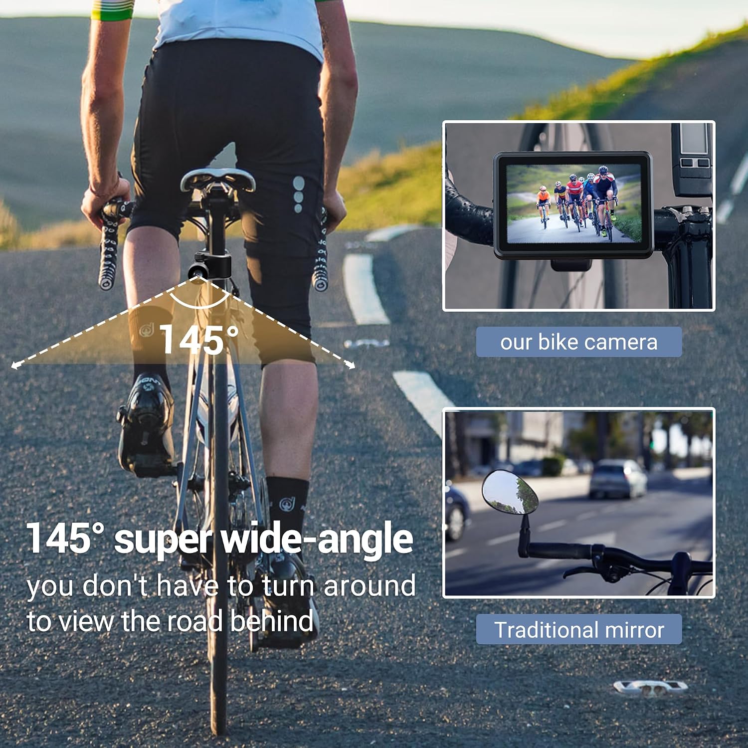 FEISIKE Handlebar Bike Mirror, Bicycle Rear View Camera with 4.3'' HD Night Vision Function, 145° Wide Angle View, Adjustable Rotatable Bracket