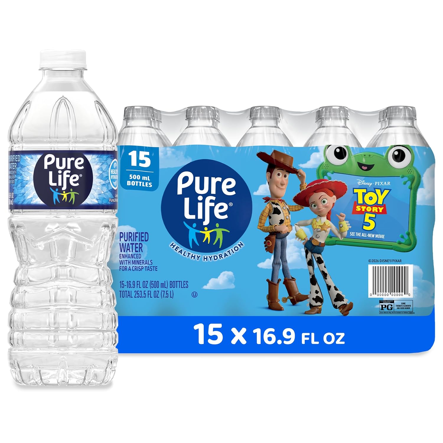 Pure Life Purified Bottled Water, 15 Pack - Still Drinking Water Enhanced with Minerals for a Crisp Taste - 16.9 Fl Oz - Toy Story 5 Packaging Graphics