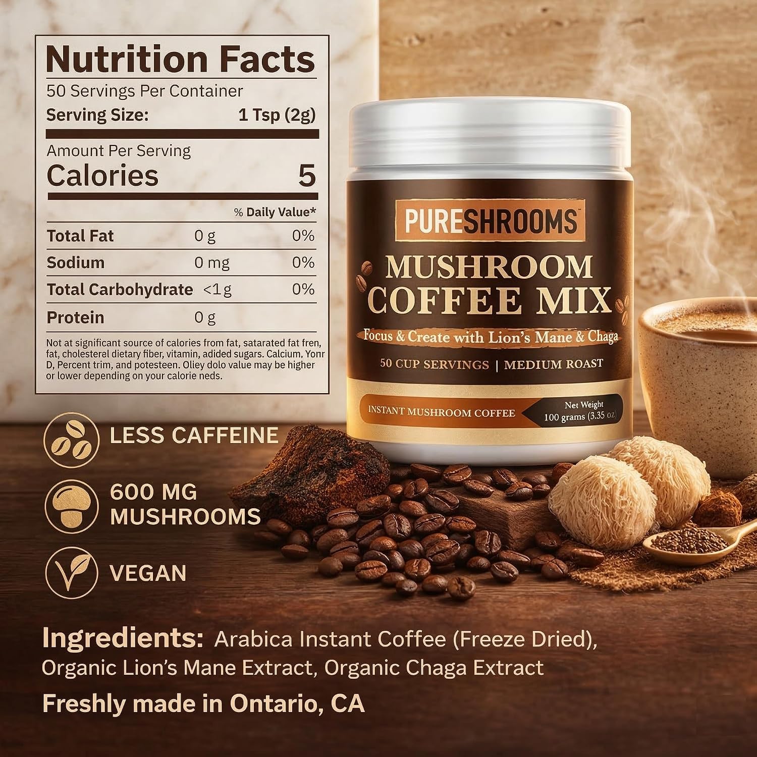 PureShrooms Mind & Body Mushroom Coffee - Instant Colombian Arabica with Organic Lion’s Mane, Reishi & Cordyceps - Low Acidity Nootropic Superfood Beverage for Focus & Vitality, 35 Servings/70g