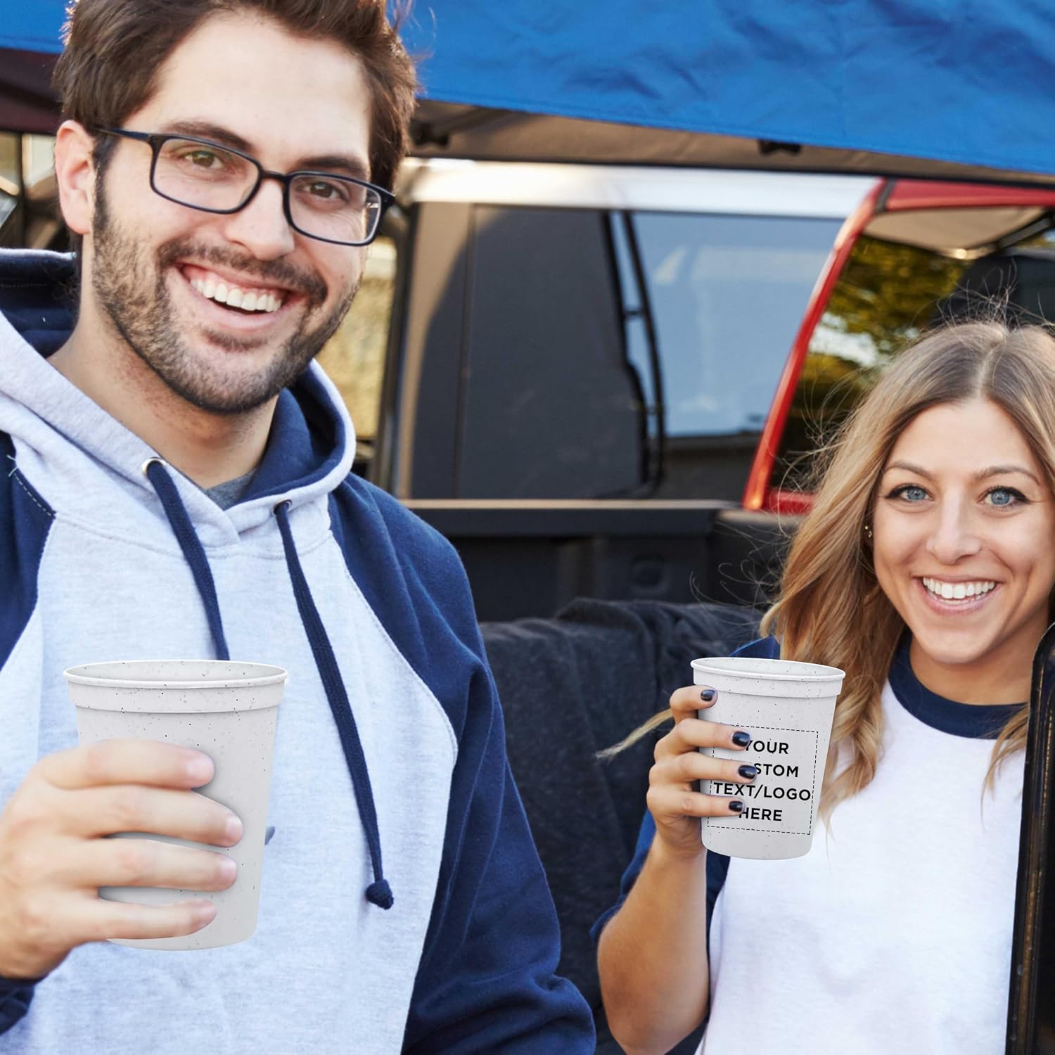 DISCOUNT PROMOS Custom Plastic Stadium Cups 16 oz. Set of 10/50/100, Personalized Bulk Pack - Perfect for Birthdays, Weddings, Picnic, Beach