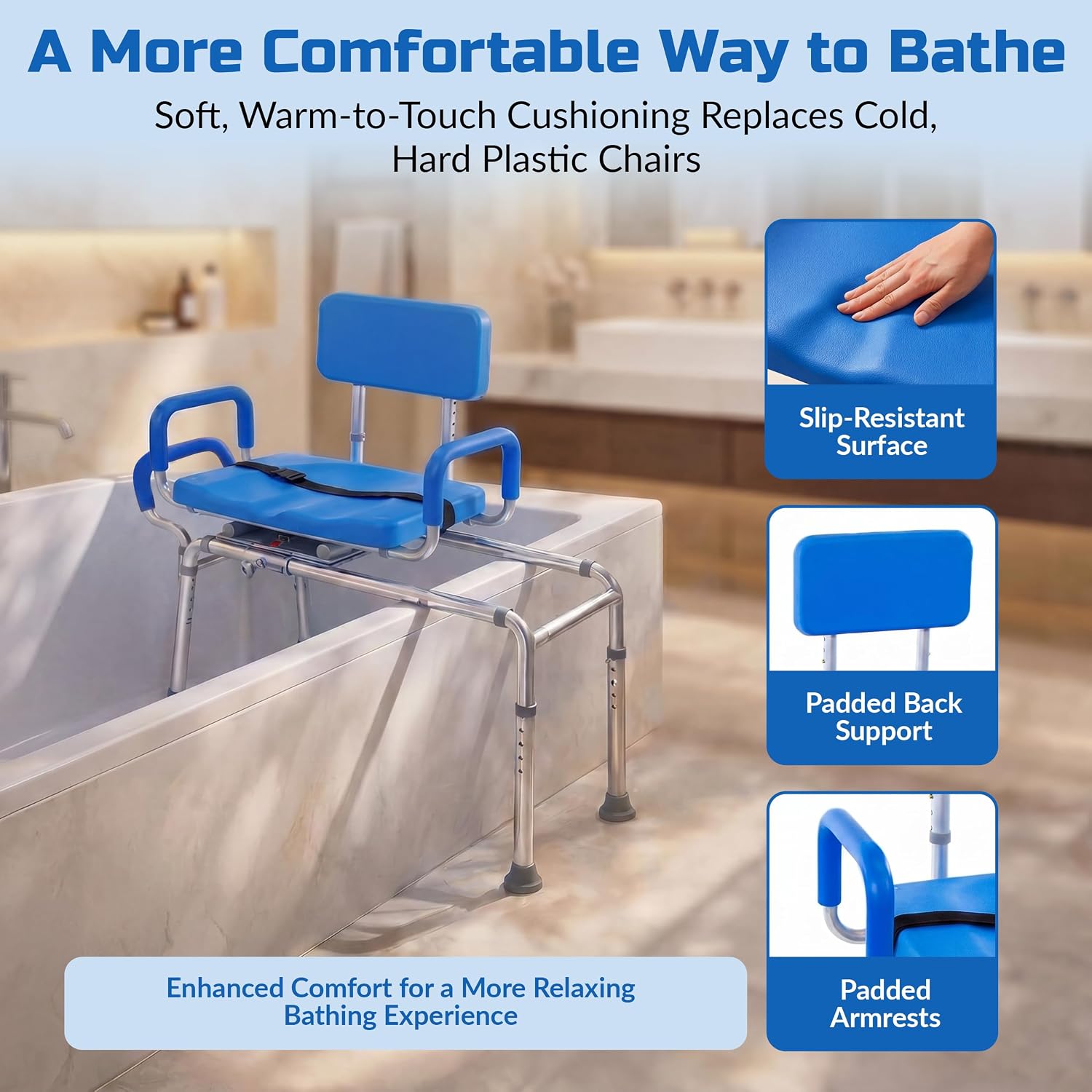 Carousel Sliding Shower Chair Tub Transfer Bench with Swivel Seat Elderly | Slide Safely In & Out of the Tub - Blue, padded seat, padded armrests, swivel seat, backrest, portable, tool-free assembly