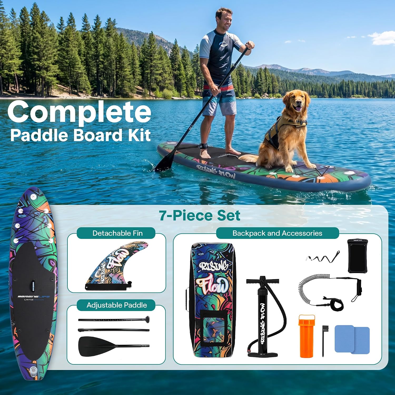 SereneLife 10’6” Inflatable Stand Up Paddle Board with Premium SUP Accessories - 32” Wide Stable Design with Non-Slip EVA Deck Pad
