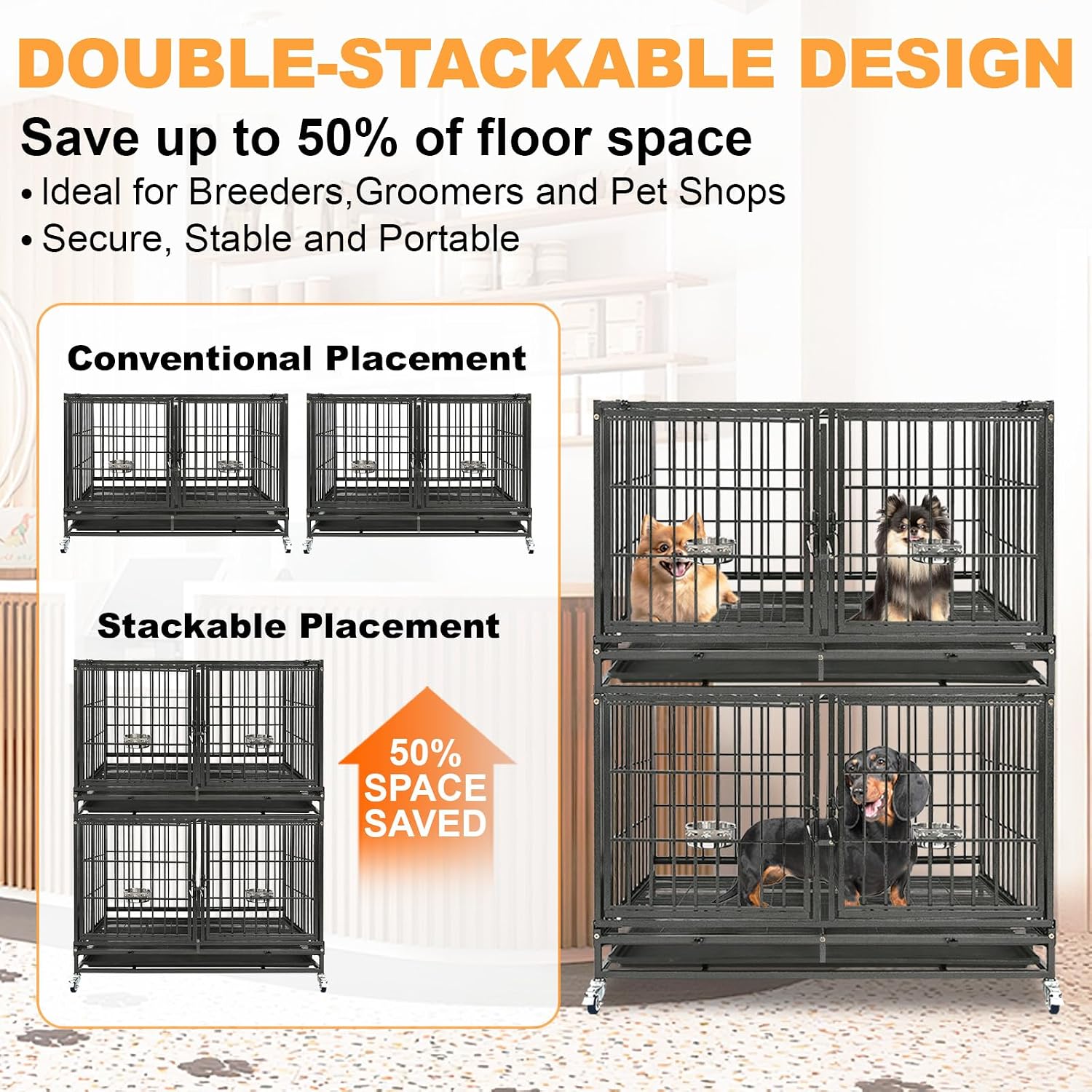 Homey Pet Three Tiers 43 inch Heavy Duty Dog Crate with Wheels, Dual Doors | Stackable Indestructible Steel Dog Cage Kennel Indoor with Divider, Trays, Bowls, Escape Proof Locks for Breeders and More