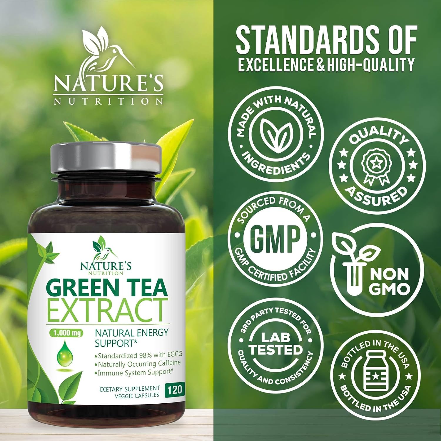Green Tea Extract Capsules - 3X Strength Green Tea Extract 1000 mg Per Serving Pills with 45% EGCG & 98% Polyphenols for Natural Energy - Antioxidant Herbal Heart Support Supplement - 240 Capsules