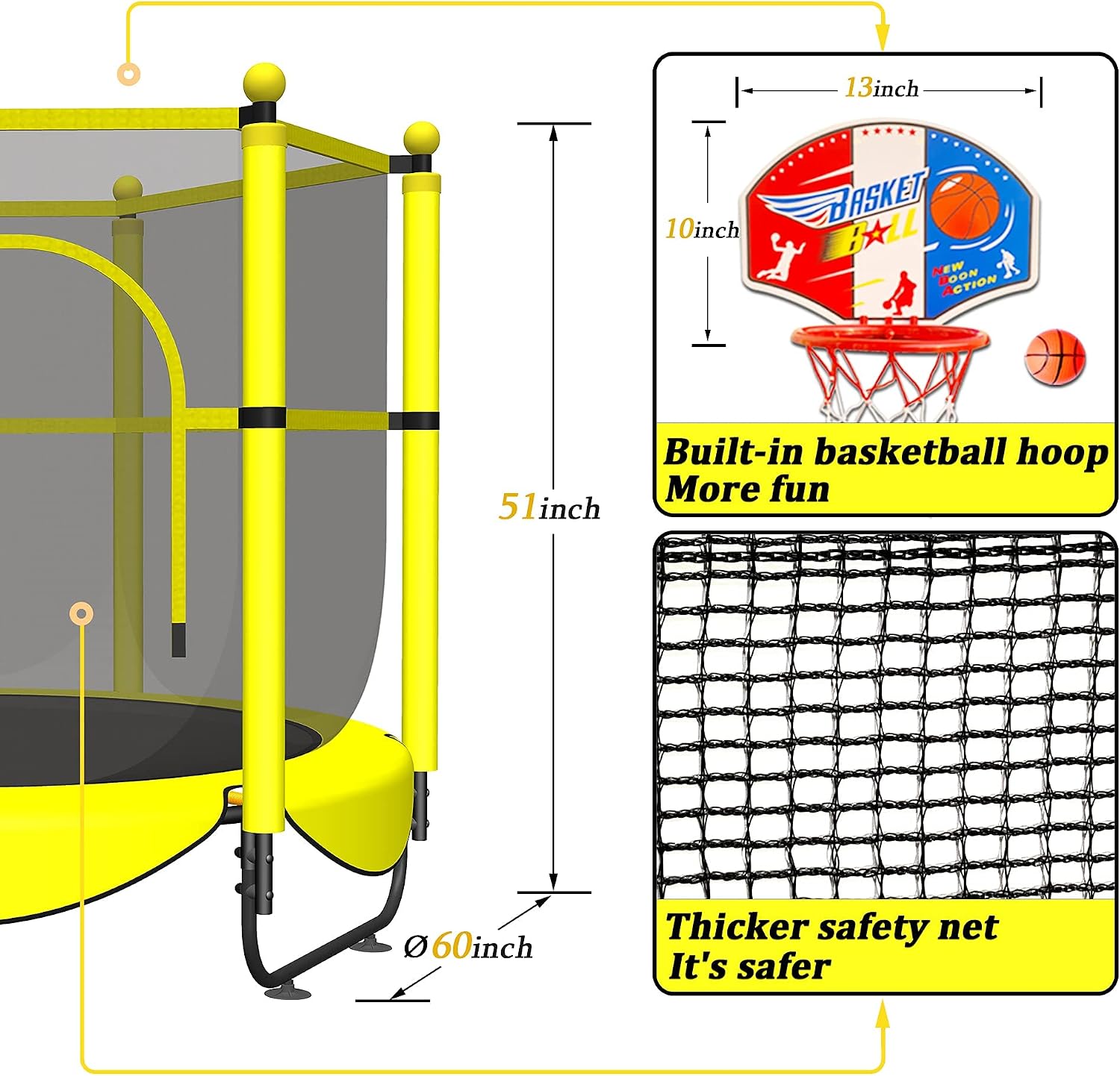 VGMiu 60" Trampoline for Kids, Toddler Trampoline Indoor with Net, Age 3-8