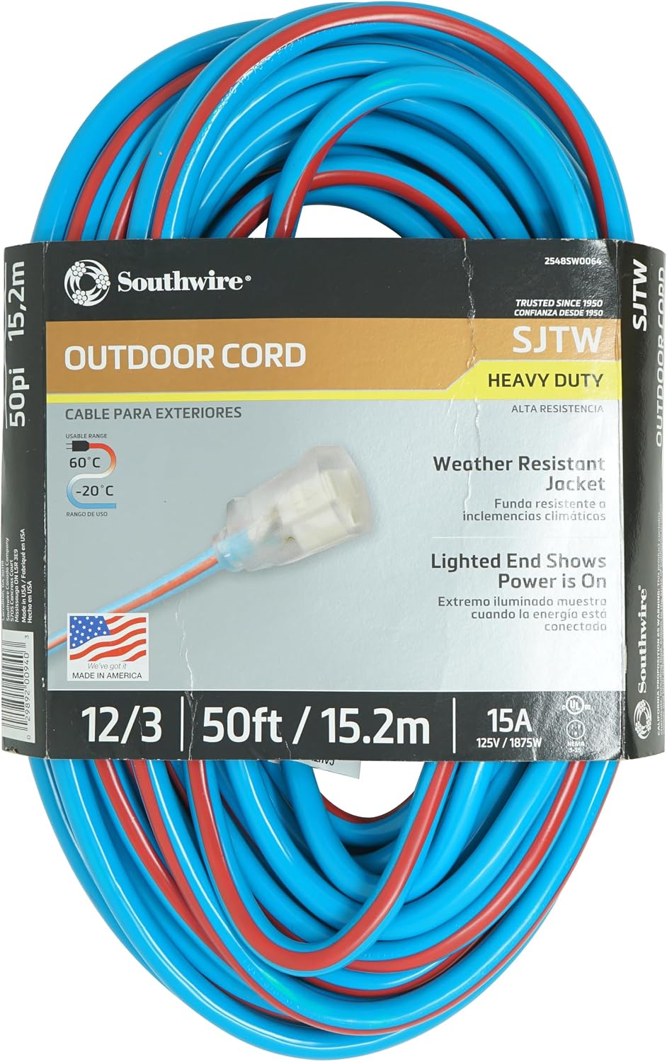 Southwire Outdoor Extension Cord - Reliable High-Visibility Power Solution - Waterproof Vinyl Jacket - Reinforced Plug - Made in the USA - 12/3 SJTW