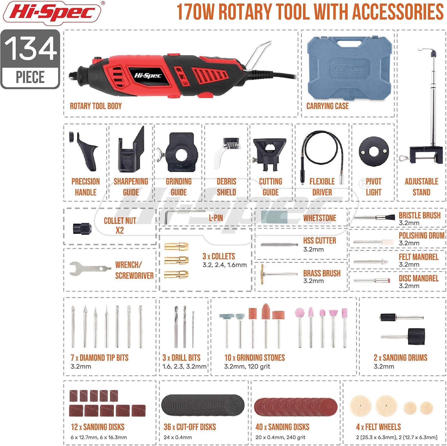 Hi-Spec Corded Rotary Tool Kit for Cutting, Grinding and Sanding with Bits