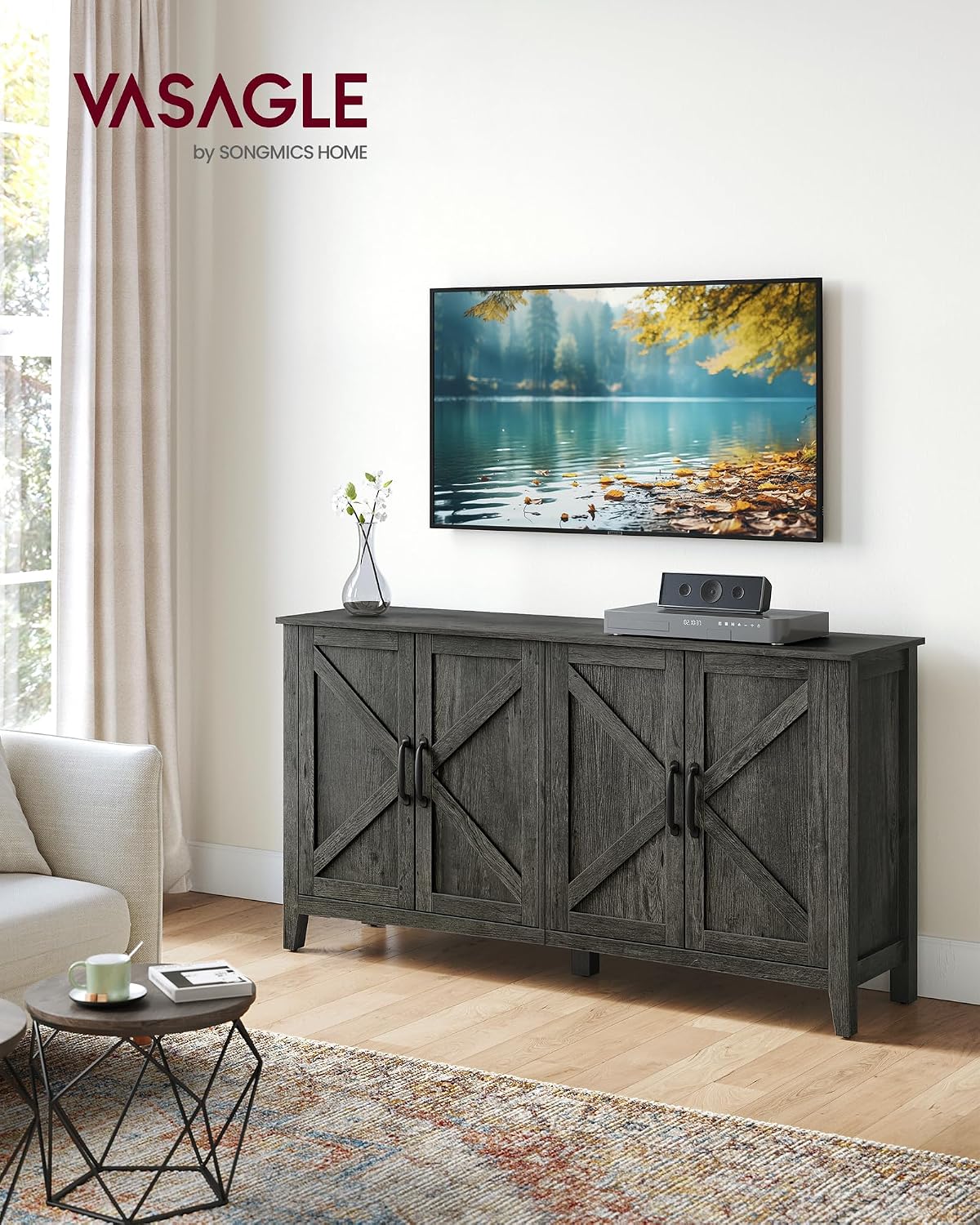 VASAGLE LIRY Collection - Storage Cabinet, Buffet Cabinet, Sideboard, Credenza, with Adjustable Shelves, for Entryway, Rustic White and Honey Brown ULSC381W01