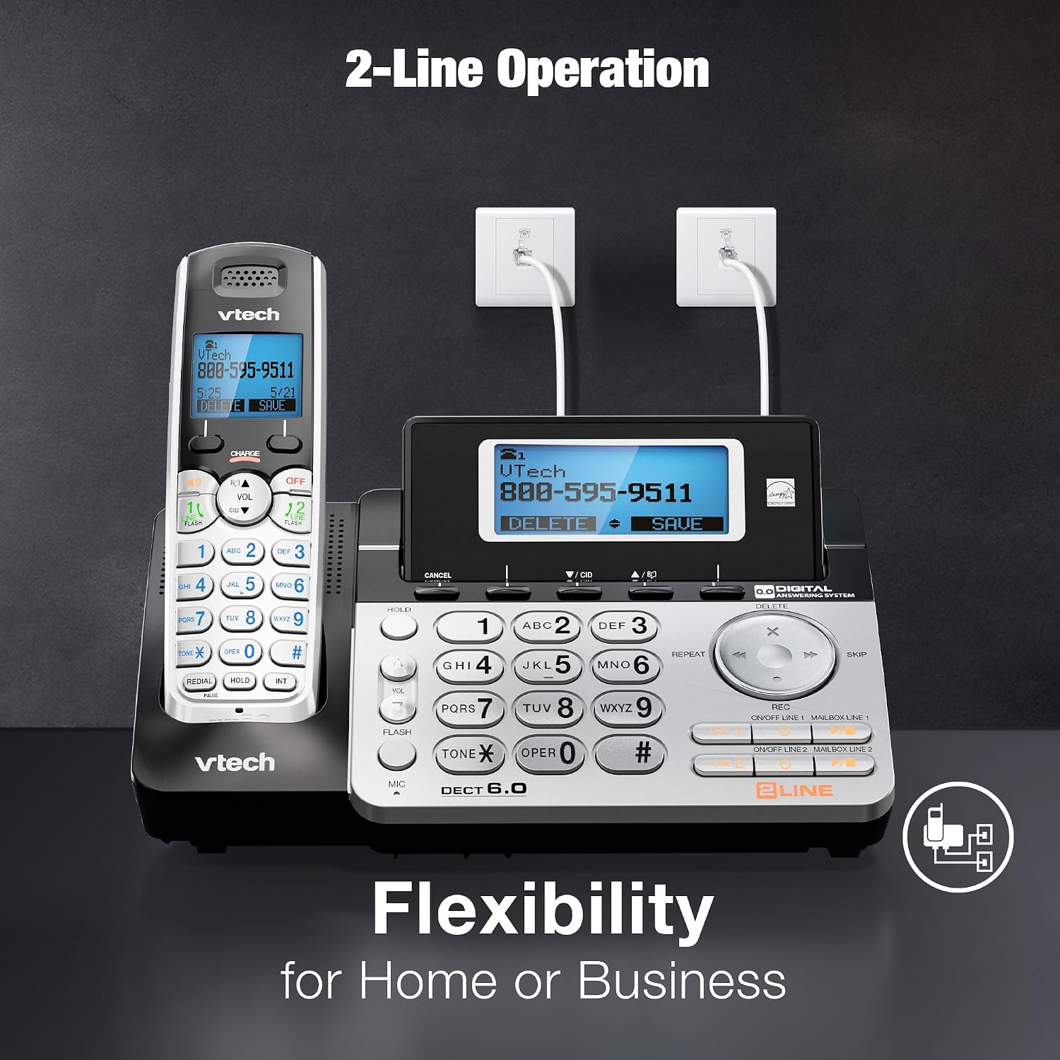 VTech DS6101 Accessory Handset for DS6151 Series, Black/Silver | 2-Line Cordless Phone, Answering System, Expandable up to 12 Handsets, Intercom & Conference