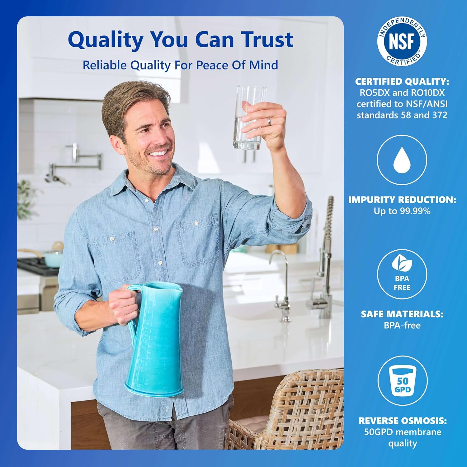 Express Water ROALK5D, 10-Stage Under Sink RO System, Alkaline, 50 GPD | NSF Certified 372, Deluxe Chrome Facuet, Reduces 99% of Impurities, BPA Free, Leak Detection
