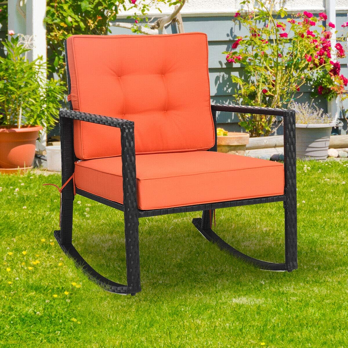 Tangkula Wicker Rocking Chair, Outdoor Glider Rattan Rocker Chair with Heavy-Duty Steel Frame