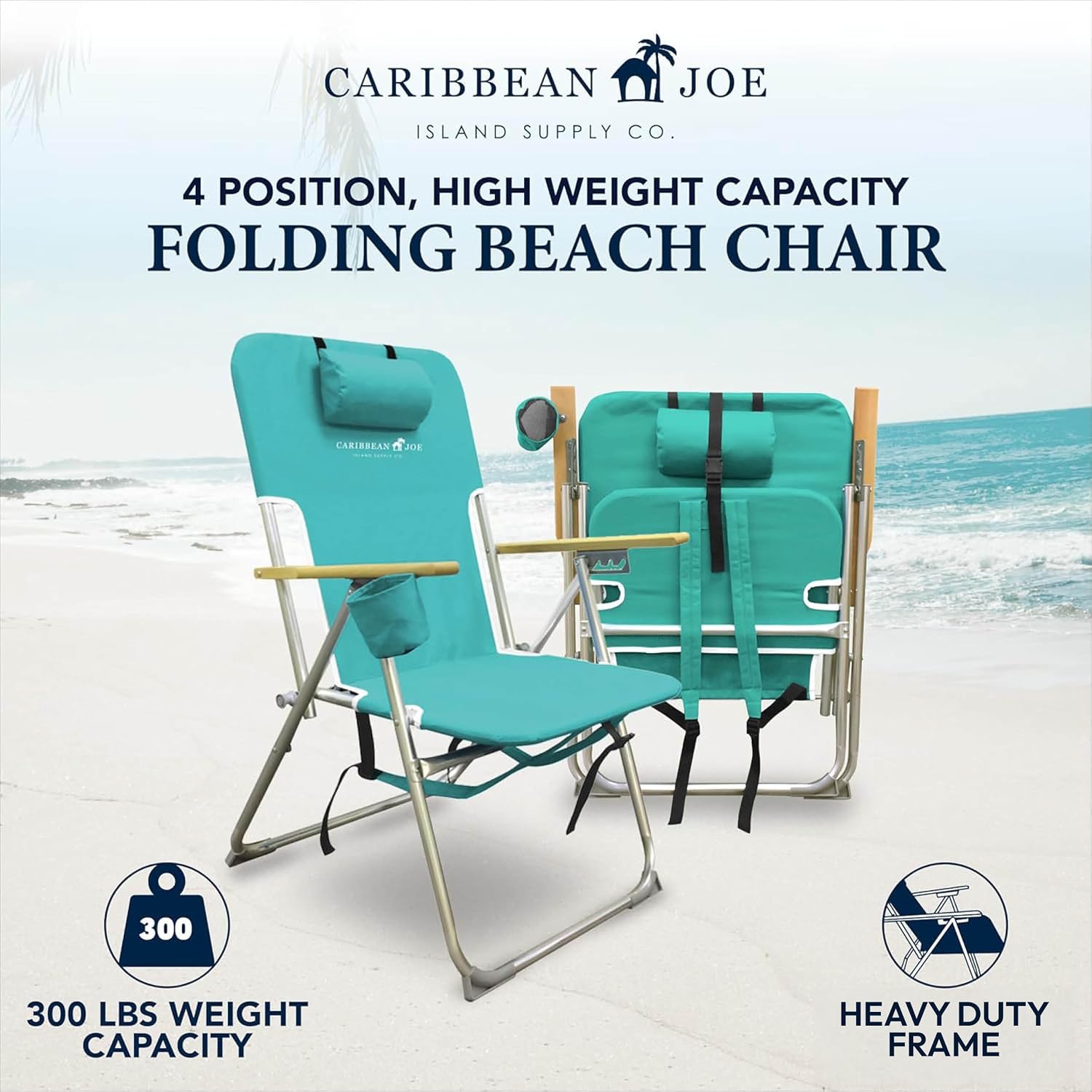 CARIBBEAN JOE Folding Beach Chair, 4 Position Portable Backpack Foldable Camping Chair with Headrest, Cup Holder, and Wooden Armrests