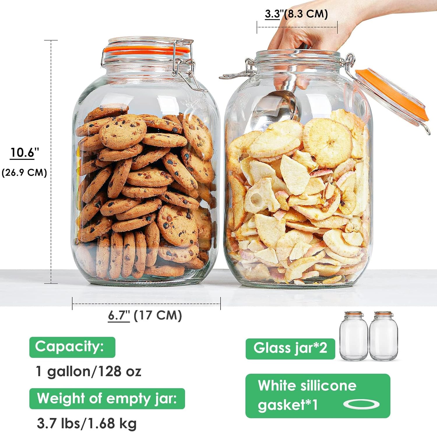 1 Gallon Glass Mason Jar with Airtight Lids, 2 Pack Wide Mouth Storage Jars