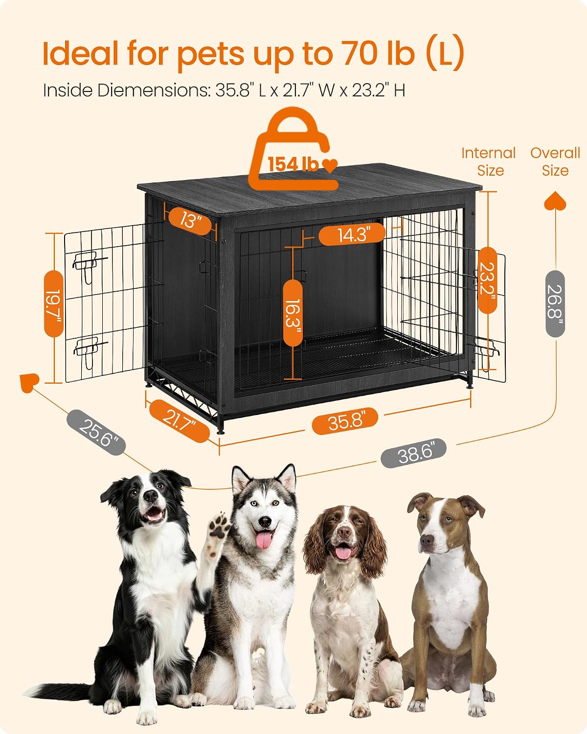 Feandrea 27.2" Dog Crate Furniture, Indoor Dog Kennel Side End Table