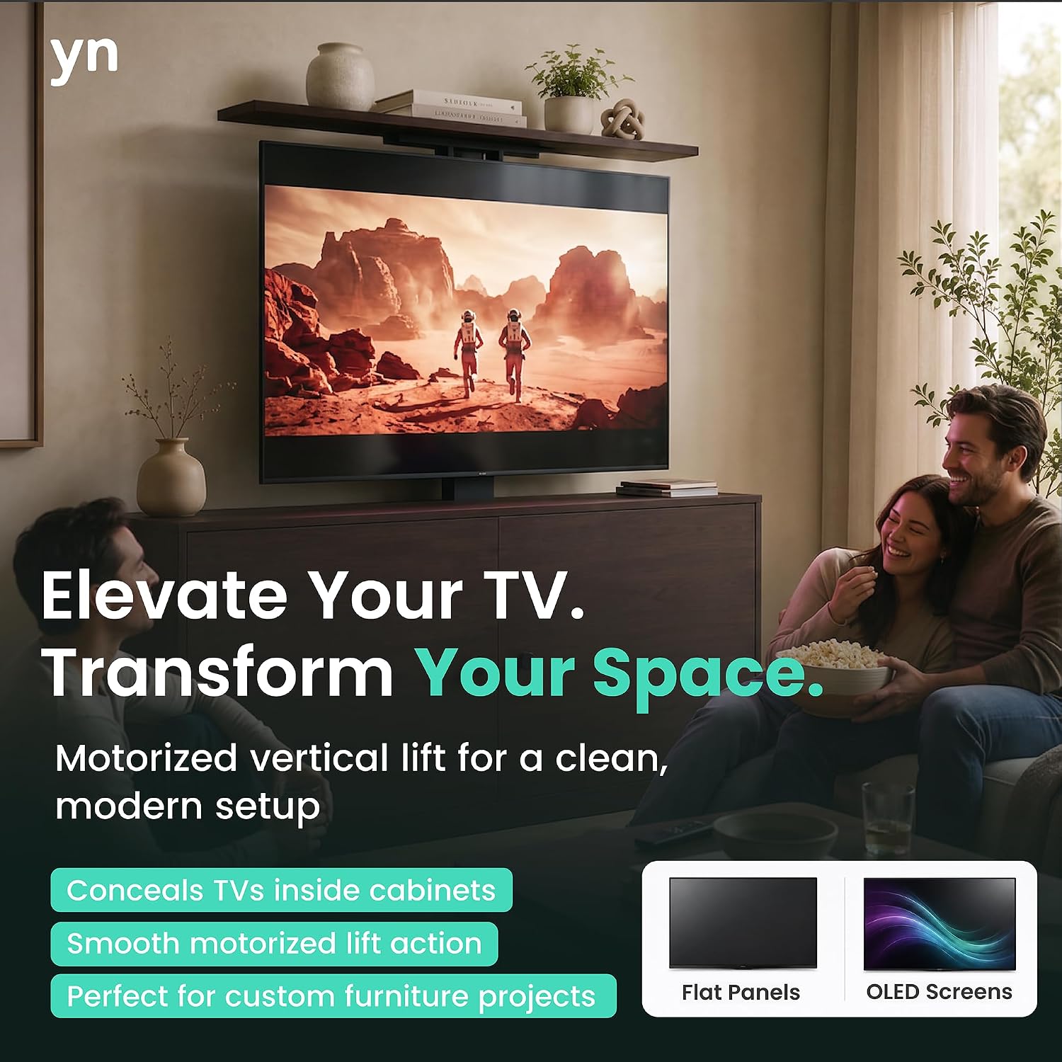 ynVISION.DESIGN Motorized TV Lift Mount for 37"-77" TV's | Vertical Lift Motor TV Stand with RF Remote and Smart Phone Control via WiFi