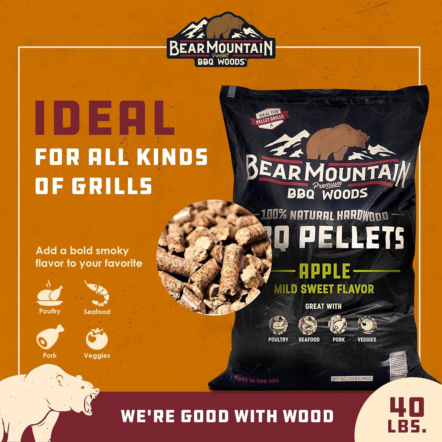 Bear Mountain Gourmet Blend Pellets for Smoker and Grill, 40lb Bag