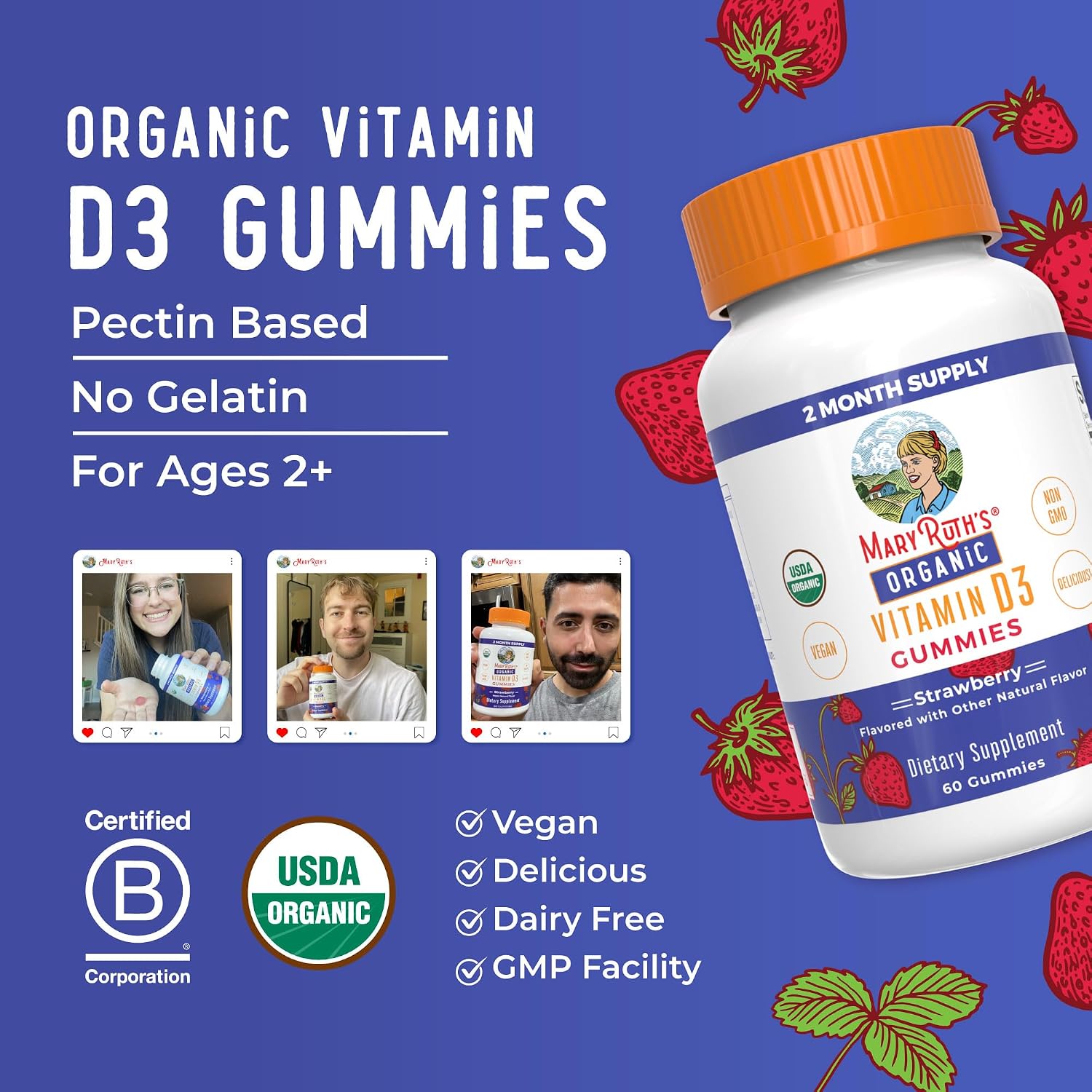 MARYRUTH'S Vitamin D3 Gummies, Adults & Kids Vitamin D, 60 Servings, Vegan | 2 Month Supply, Immune Support Supplement, 1000IU for Bone Health & Muscle Function, Vegan, Non-GMO, Gluten Free, 60 Count