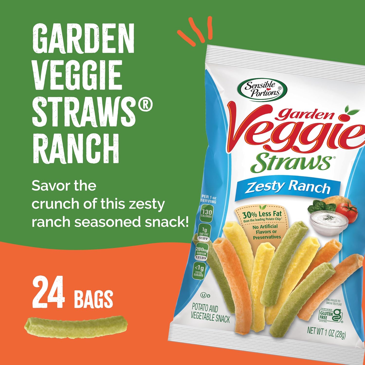 Sensible Portions Garden Veggie Snacks - Veggie Straws, Gluten Free, Snack Size Sea Salt, 1 Oz (Pack of 24)