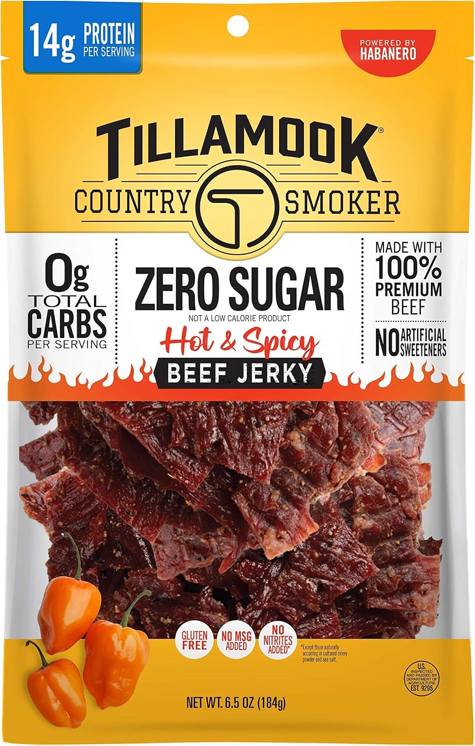 Tillamook Country Smoker Zero Sugar Original Beef Jerky Sticks, 6.5 Oz, 14g Protein, Real Hardwood Slow-Smoked, High Protein, Low Carb Meat Snacks, Keto-Friendly, 0g Sugar & Total Carbs