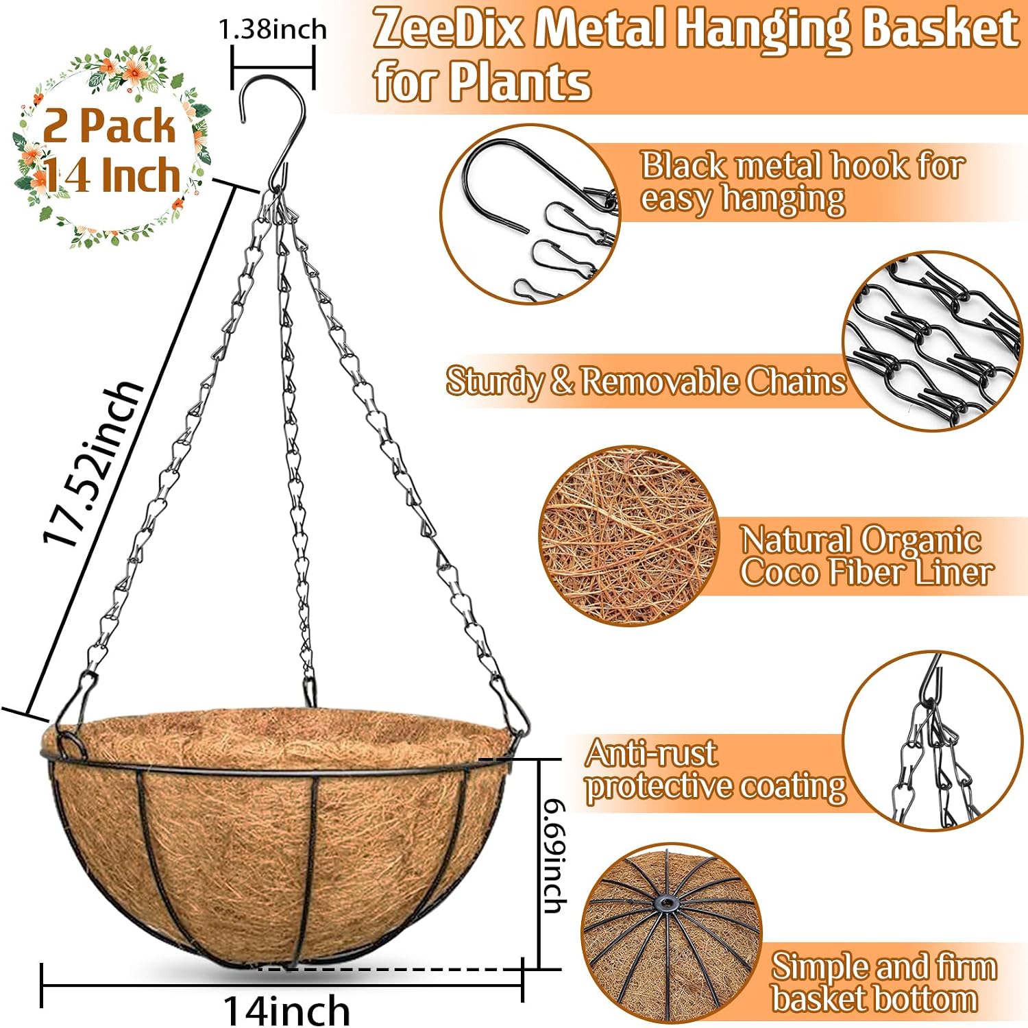 ZeeDix 3 Pack 10 Inch Metal Hanging Baskets