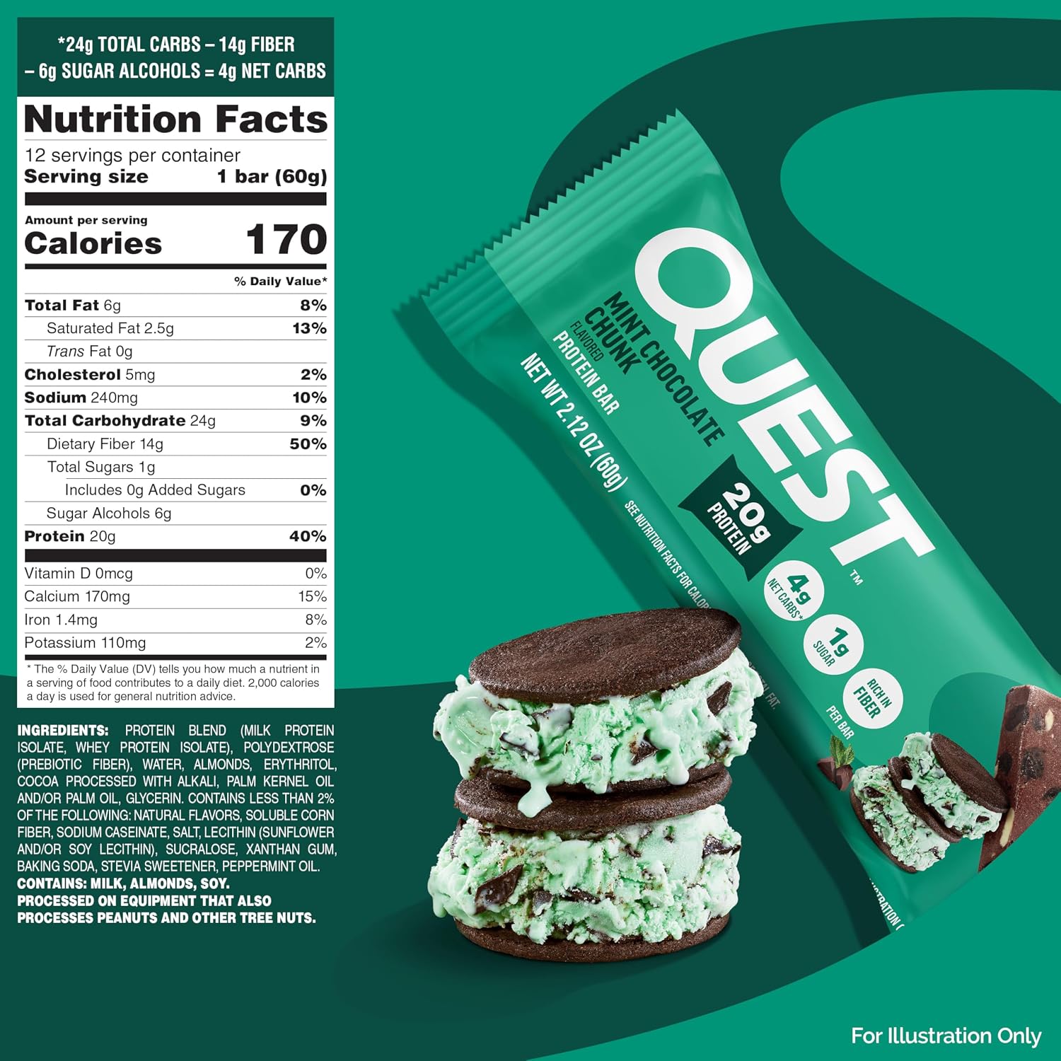 Quest Nutrition Oatmeal Chocolate Chip Protein Bars, 20g Protein, 12 Count | 12g Fiber, 5g Net Carbs, 1g Sugar, Gluten Free, High Quality Protein, Soft and Chewy, Individually Wrapped 2.12oz Bars