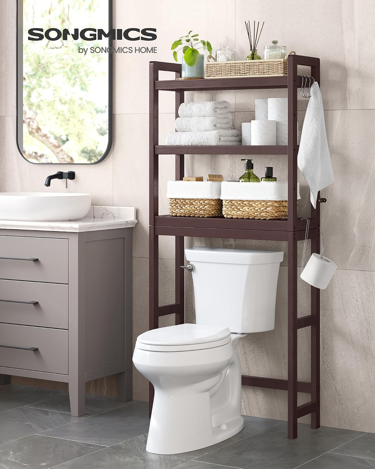 SONGMICS Over The Toilet Storage, 3-Tier Over Toilet Bathroom Organizer with Adjustable Shelf, 10.2 x 24.8 x 66.9 Inches, Space-Saving, Cloud White UBTS01WT