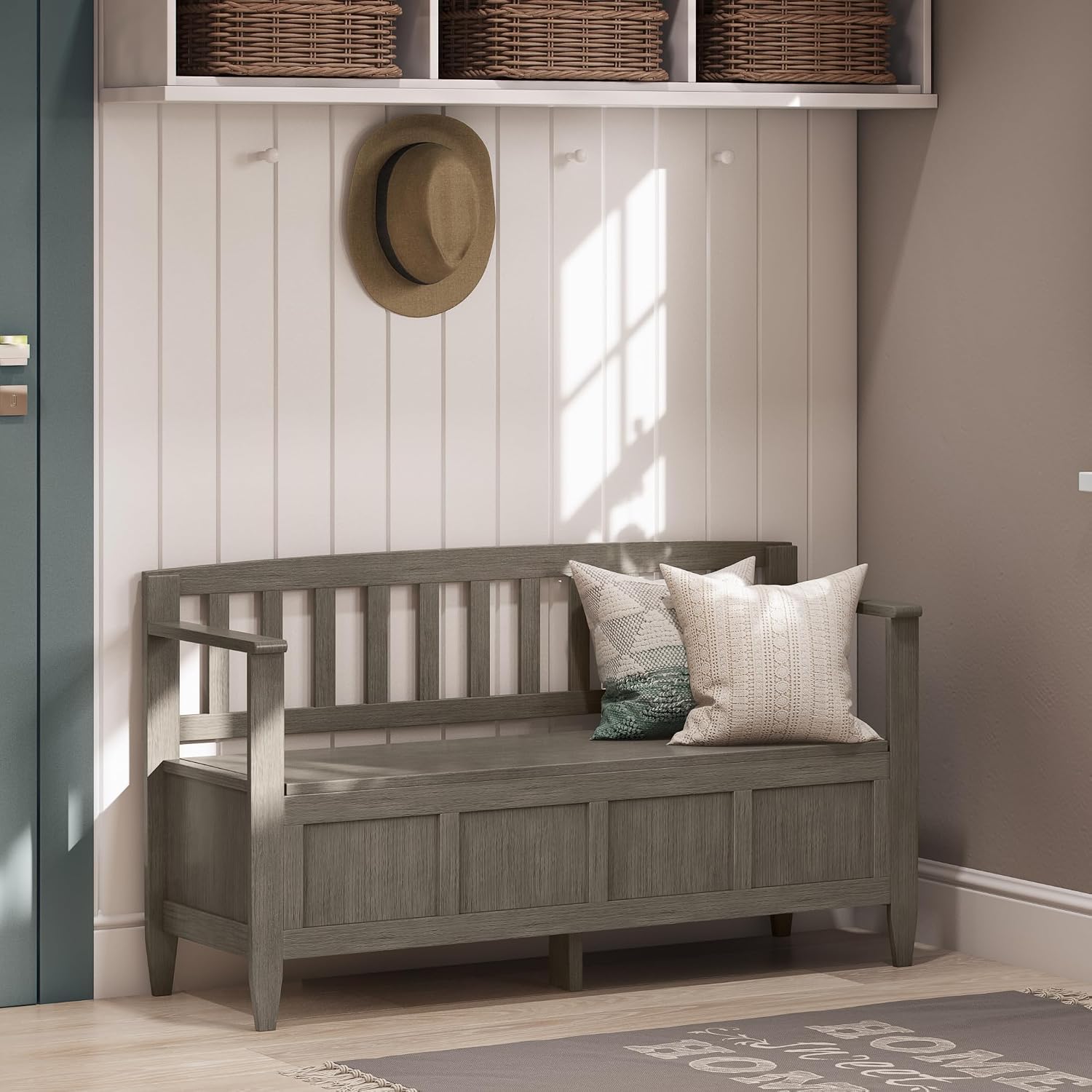 SIMPLIHOME Connaught 30" Wide Solid Wood Storage Bench in Chestnut Brown | Contemporary entryway bench with lift-up lid and hidden storage; mudroom, hallway, foyer, or shoe bench.