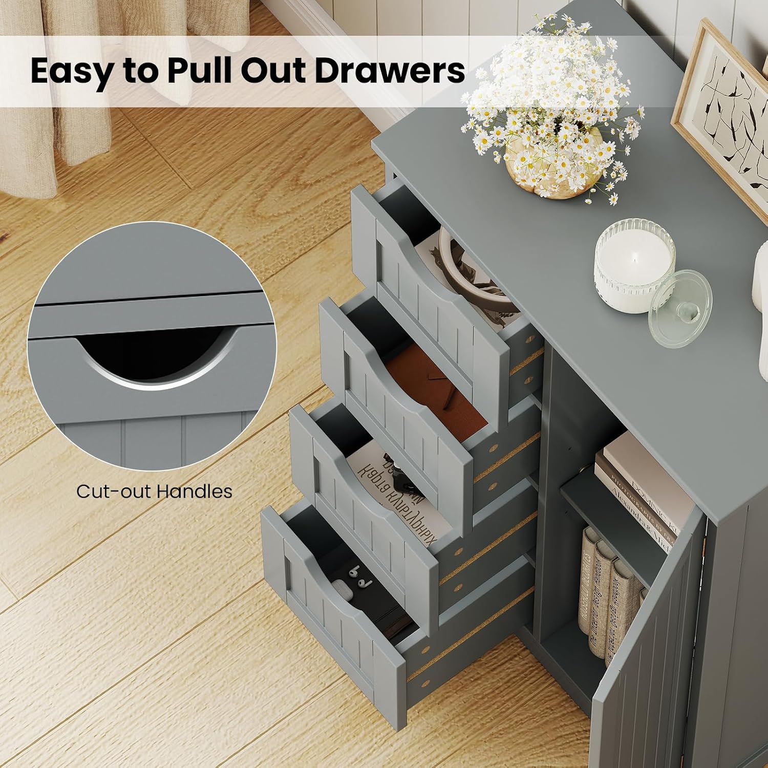 Giantex Storage Cabinet with 4 Drawers, Bathroom Storage Organizer with Cupboard, Adjustable Shelf, Anti-Toppling Device, Floor Cabinet, Entryway Storage Unit Console Table, White