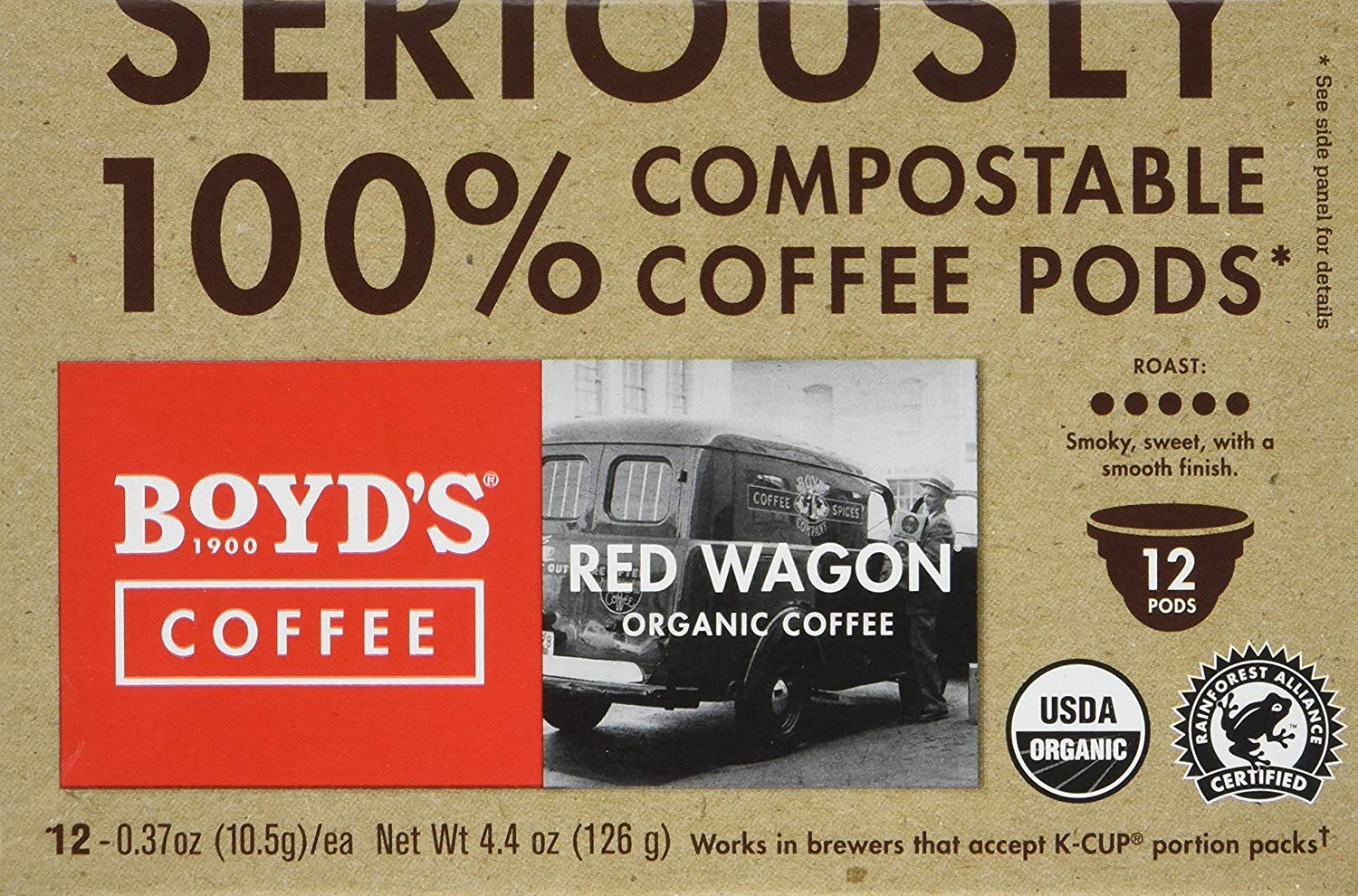 Boyd's Organic Red Wagon Dark Roast Coffee Pods Keurig Compatible, 72 Count | 100% compostable pods, Arabica beans, Colombia, Peru & Mexico, smooth