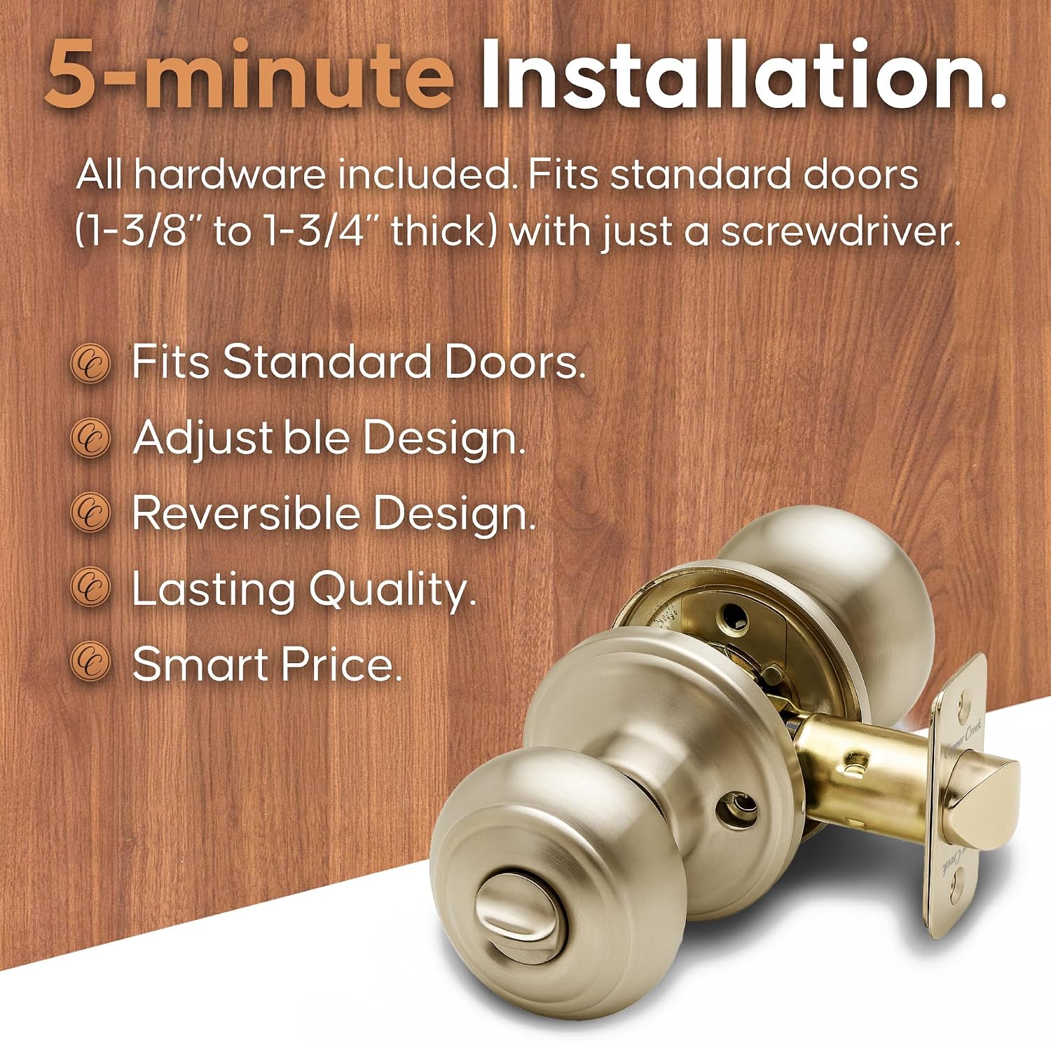 Copper Creek Colonial Privacy Interior Door Knob – ANSI Grade-3 Certified, Modern Heavy Duty Handle, Easy Install and Reversible for Bedroom, Bathroom and Closets – Satin Stainless (1 Pack)