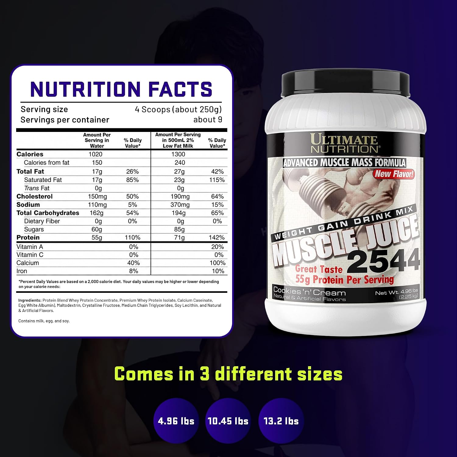 Ultimate Nutrition Muscle Juice 2544 Mass Gainer, Vanilla, 4.96 lb | 55g Protein Blend, 162g Carbs, 17g Fat, 1020 Calories, High Calorie Weight Gainer For Muscle Growth And Recovery